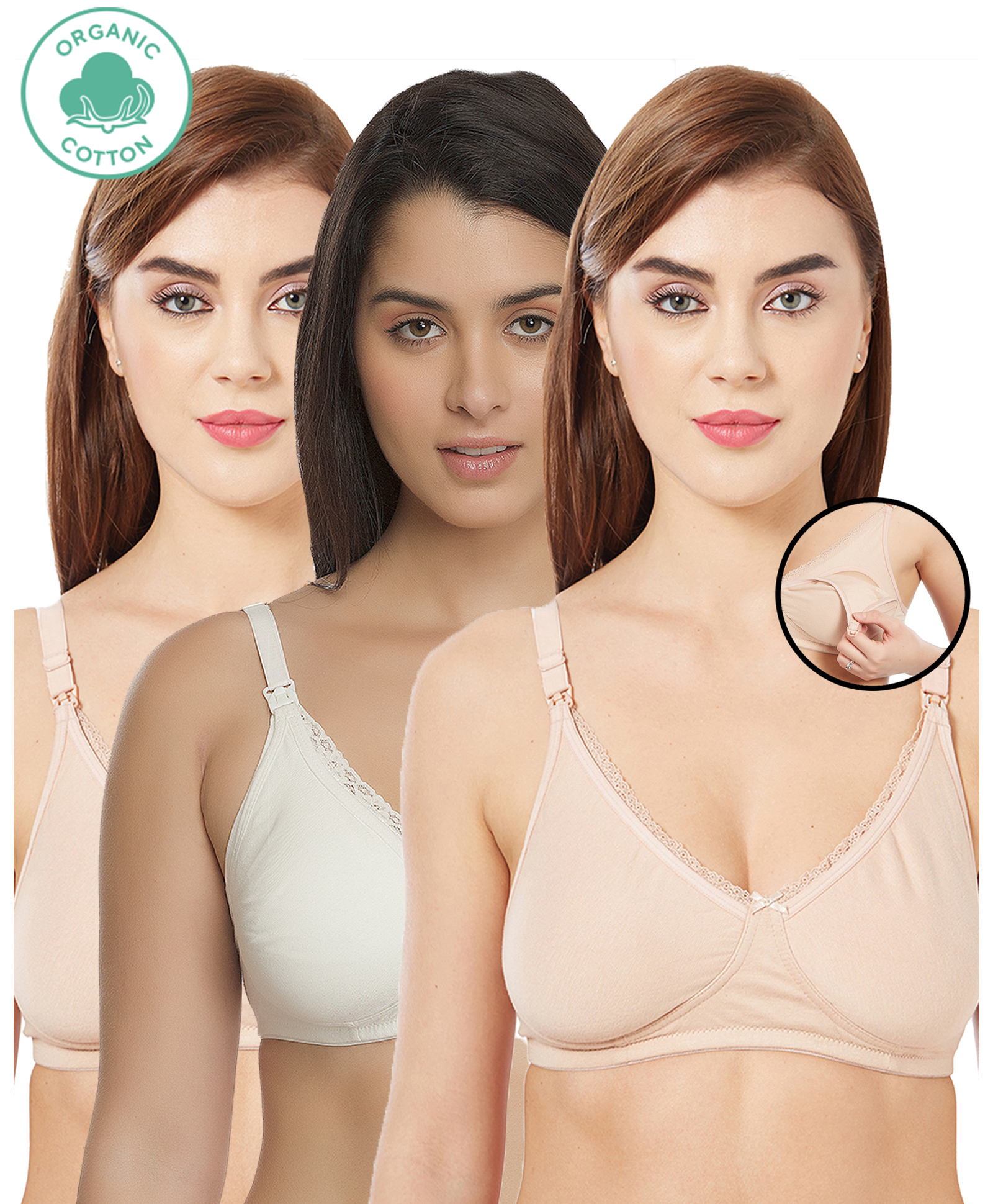 Inner Sense Pack Of 3 Organic Cotton Antimicrobial Soft Nursing Bra - Beige & White-image-44