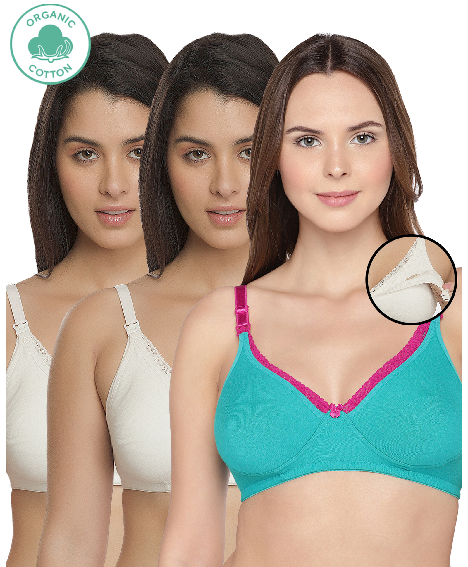 Inner Sense Pack Of 3 Organic Cotton Antimicrobial Soft Nursing Bra - White & Blue-image-41