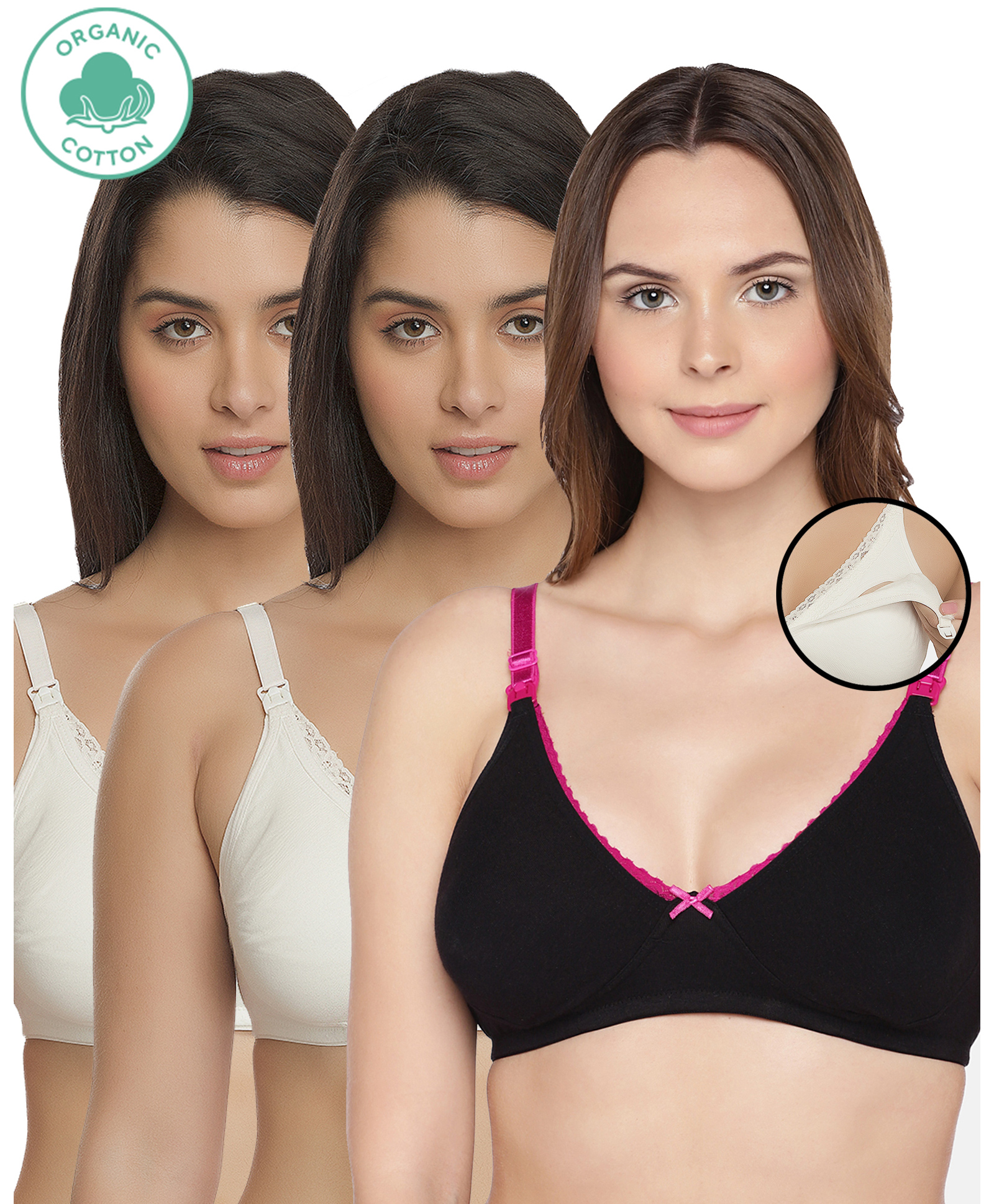 Inner Sense Pack Of 3 Organic Cotton Antimicrobial Soft Nursing Bra - White & Black-image-23