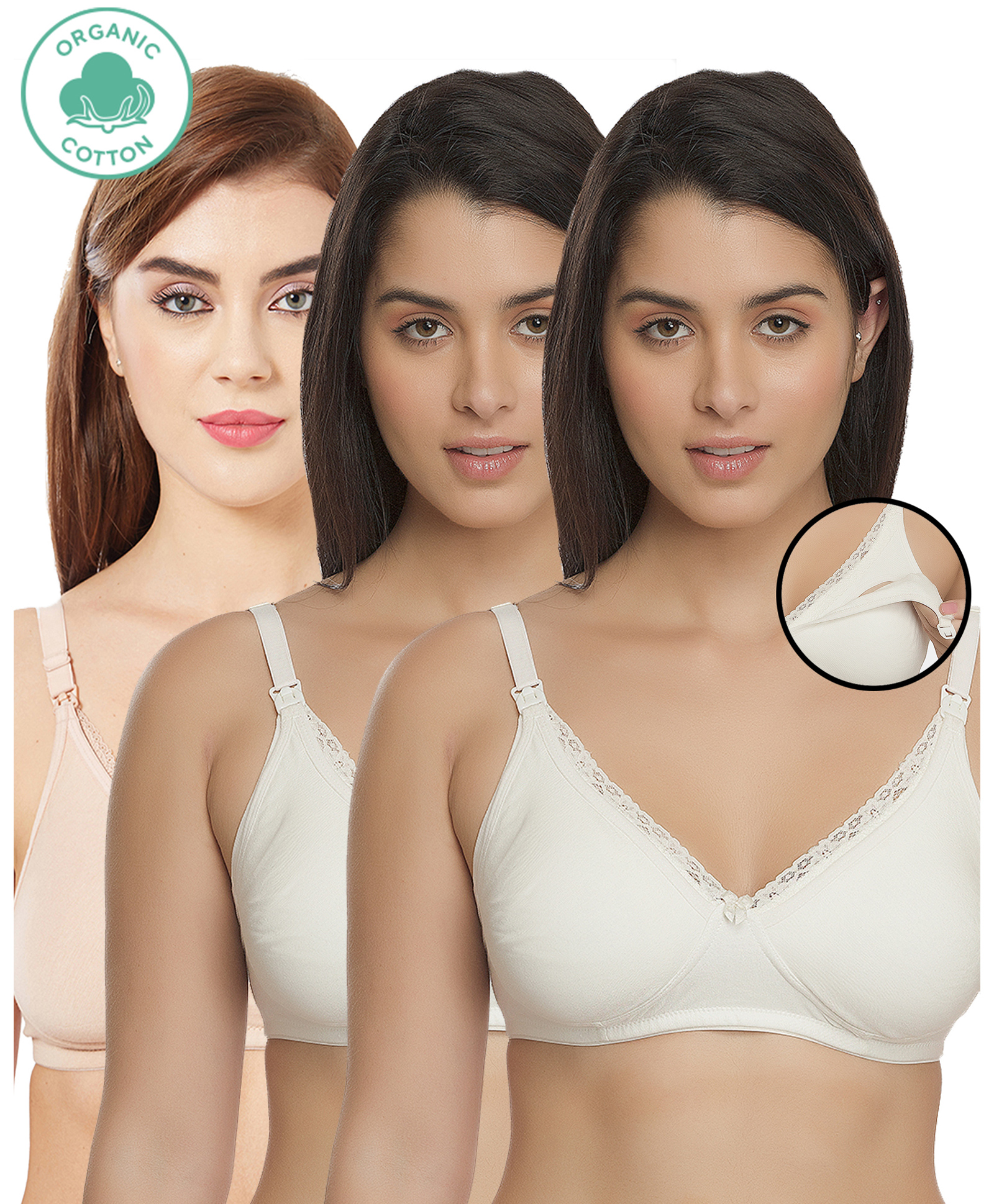 Inner Sense Pack Of 3 Organic Cotton Antimicrobial Soft Nursing Bra - White & Beige-image-47