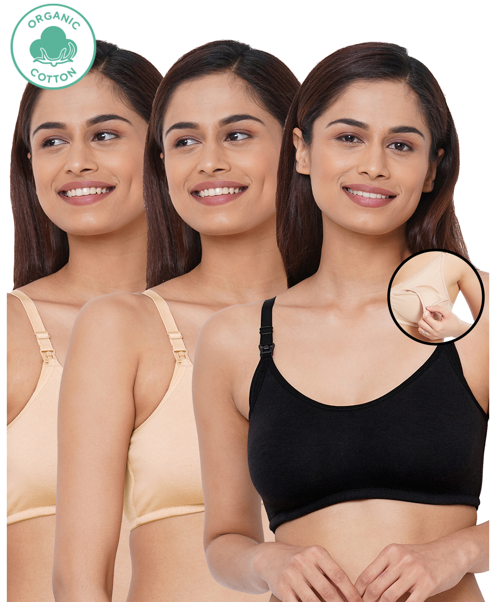 Inner Sense Pack Of 3 Organic Cotton Antimicrobial Solid Colour Nursing Bra - Beige & Black-image-44