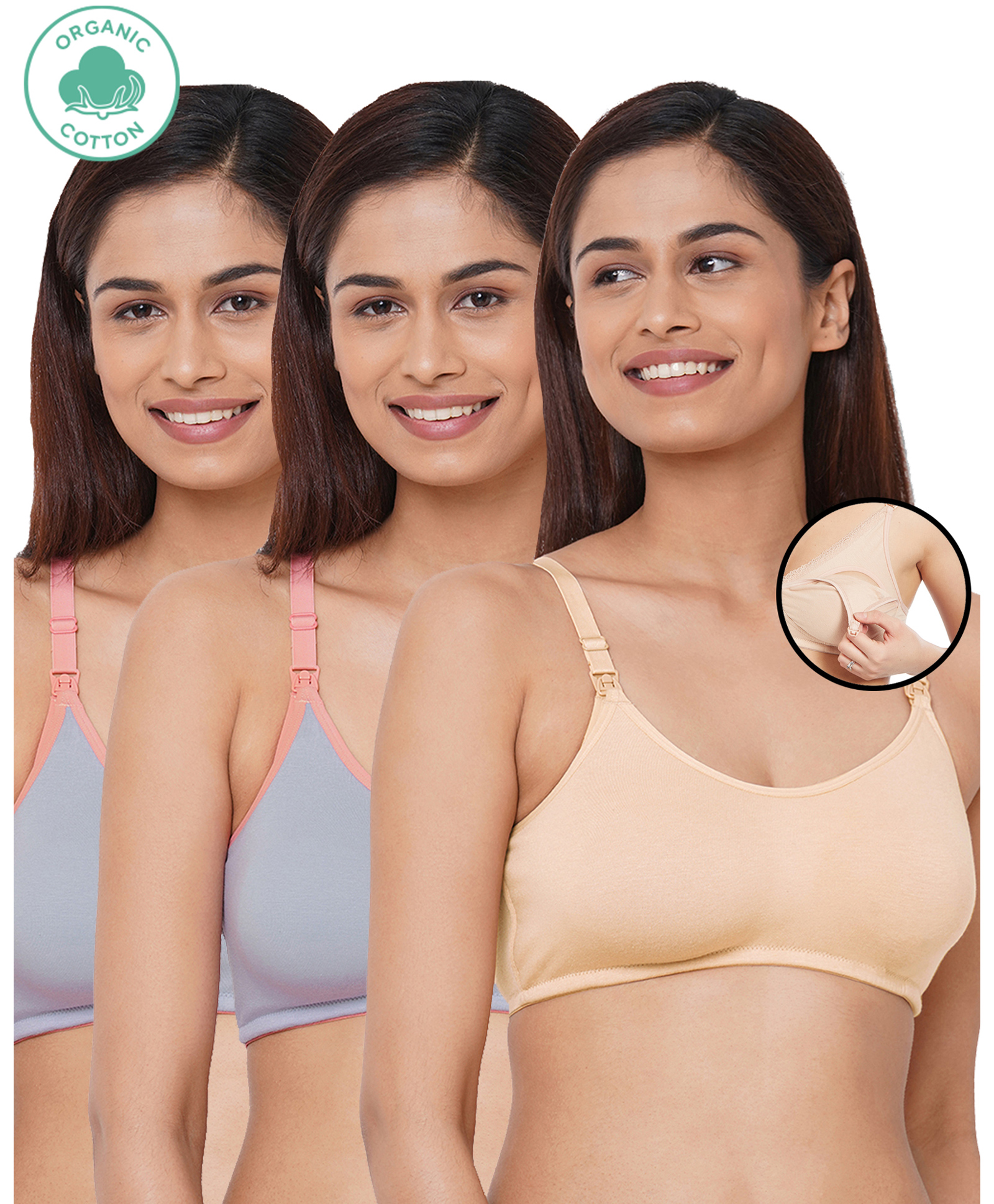 Inner Sense Pack Of 3 Organic Cotton Antimicrobial Solid Colour Nursing Bra - Beige & Grey-image-42