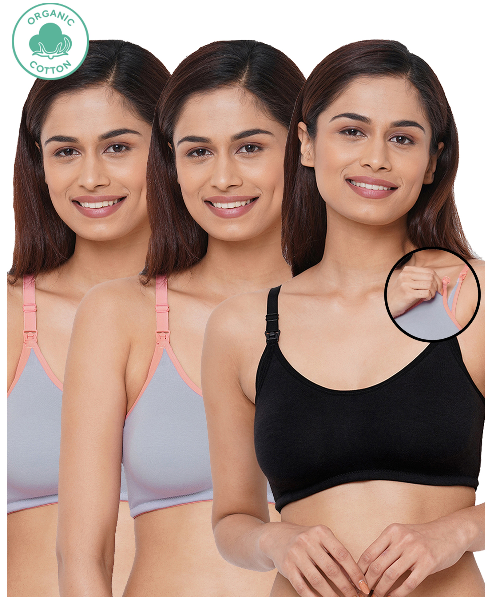 Inner Sense Pack Of 3 Organic Cotton Antimicrobial Solid Colour Nursing Bra - Grey & Black-picture-22