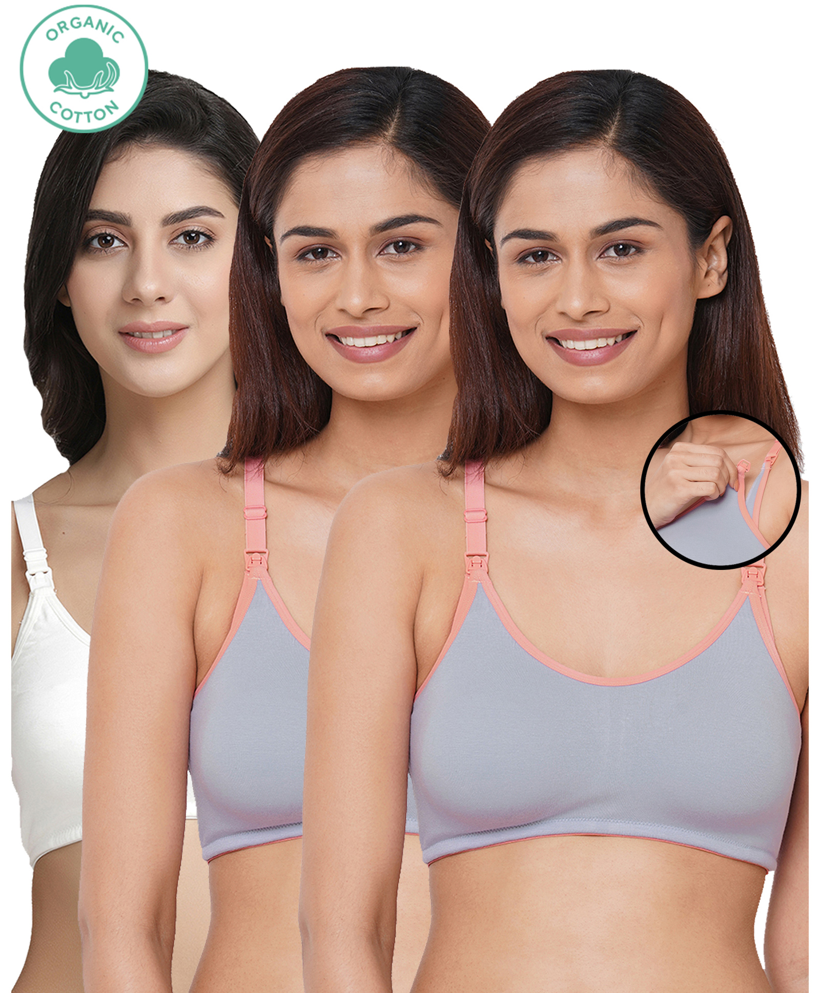 Inner Sense Pack Of 3 Organic Cotton Antimicrobial Solid Colour Nursing Bra - Grey & White-picture-15