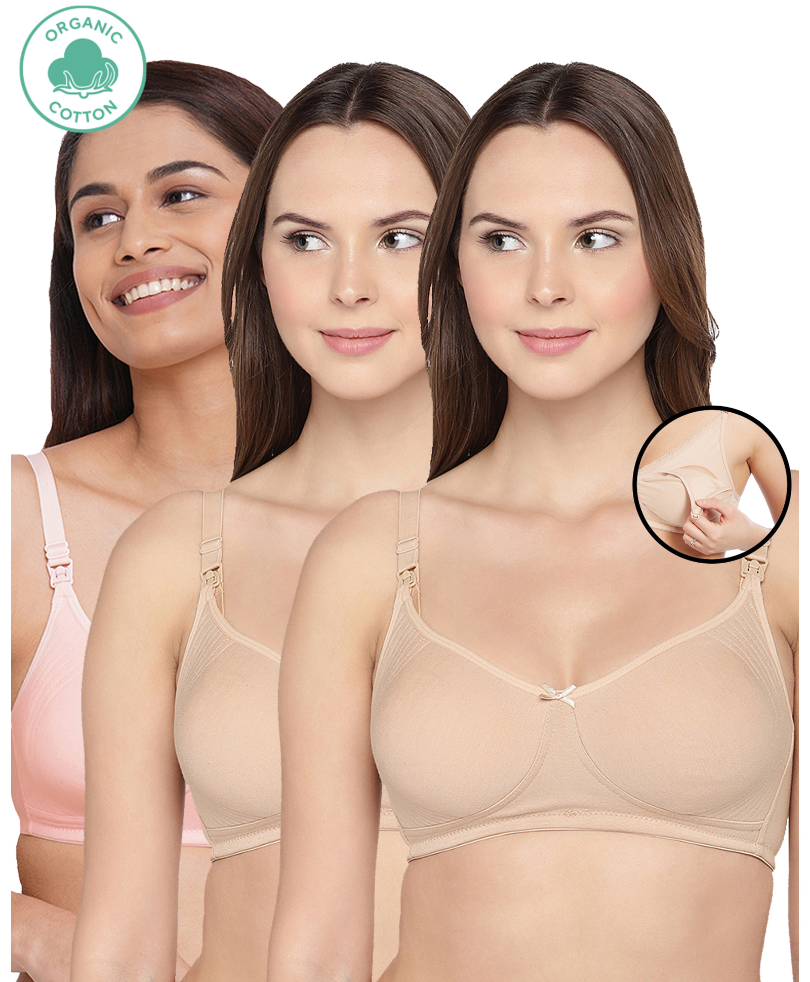 Inner Sense Pack Of 3 Organic Cotton Antimicrobial Solid Colour Nursing Bra - Beige & Light Pink-image-47