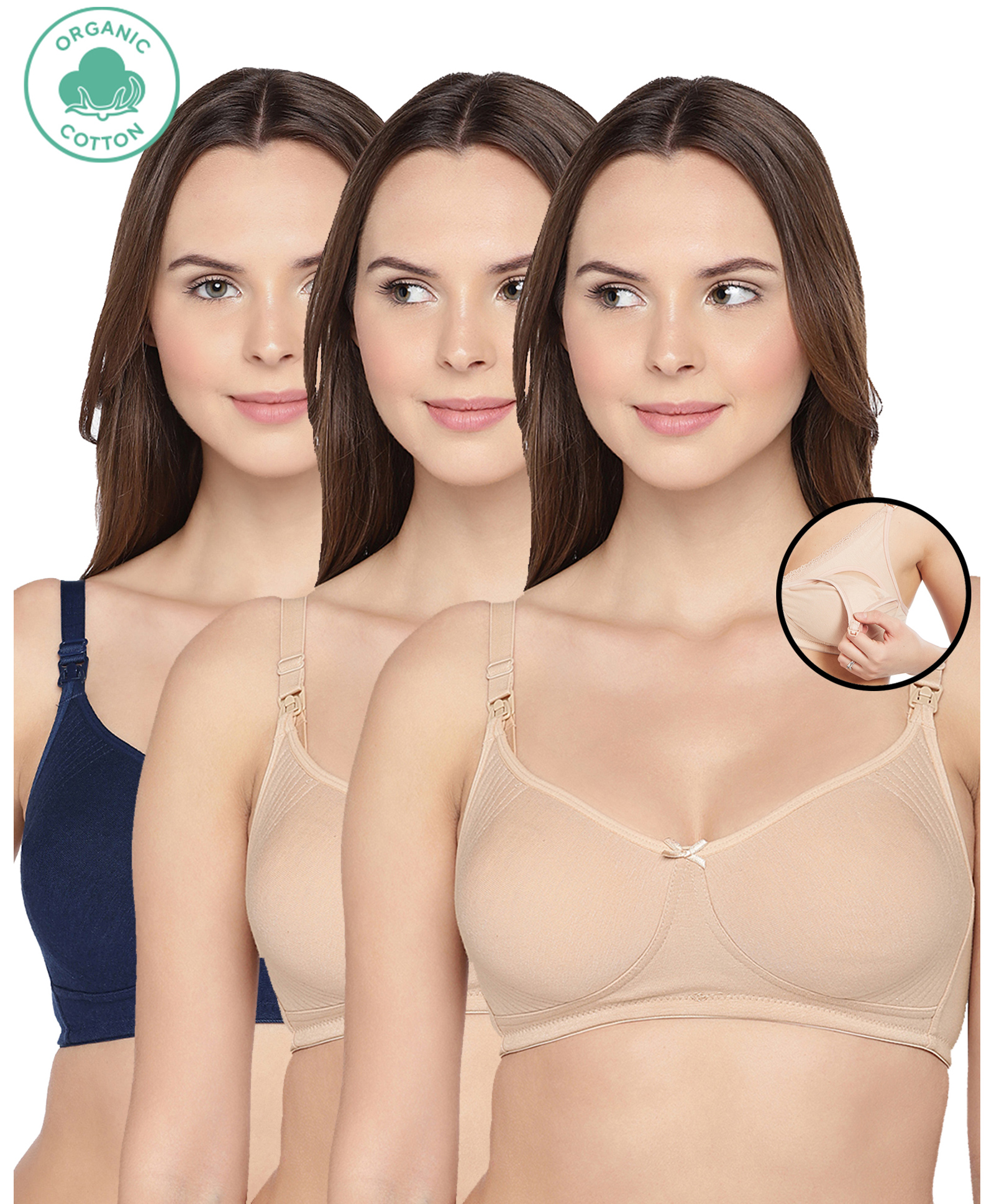 Inner Sense Pack Of 3 Organic Cotton Antimicrobial Solid Colour Nursing Bra - Beige & Black-image-43