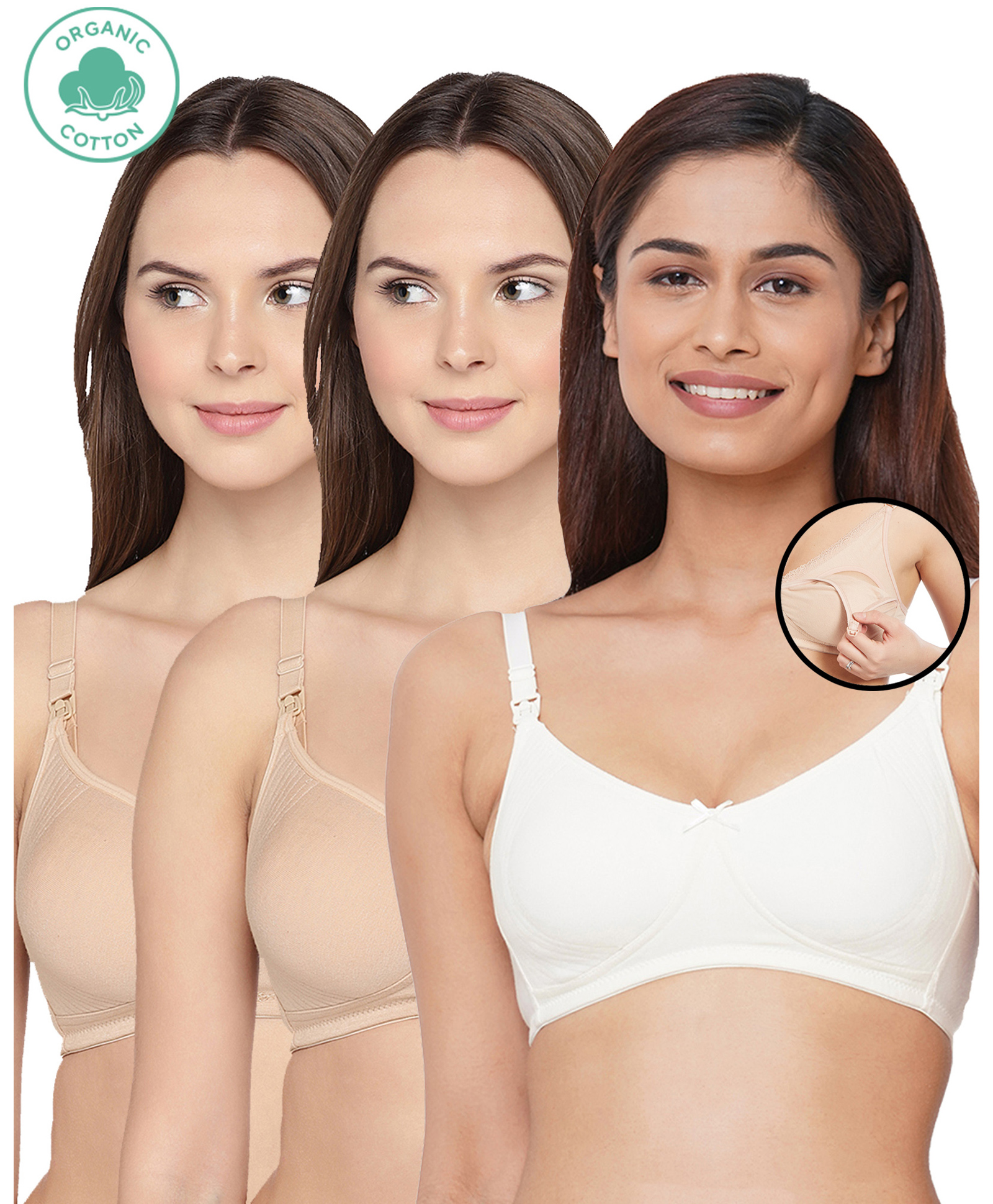 Inner Sense Pack Of 3 Organic Cotton Antimicrobial Solid Colour Nursing Bra - Beige & White-image-42