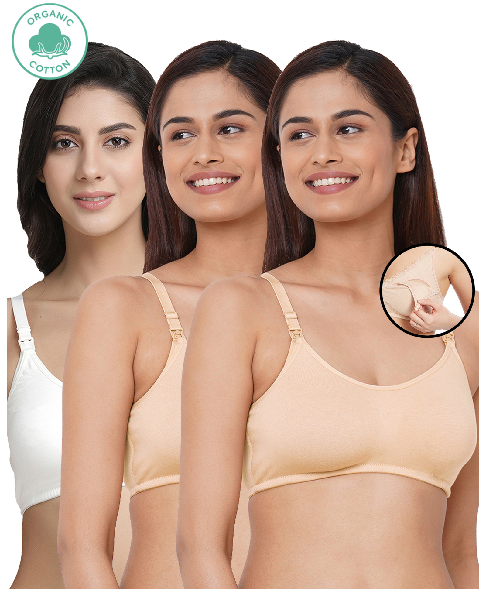 Inner Sense Pack Of 3 Organic Cotton Antimicrobial Solid Colour Nursing Bra - Beige & White-image-39