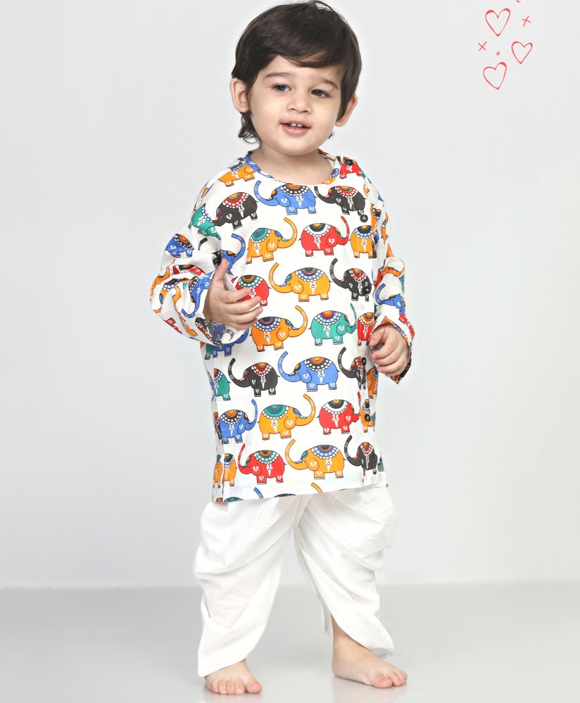 Polka Tots Full Sleeves All Over Elephant Printed Kurta With Dhoti - White-picture-28
