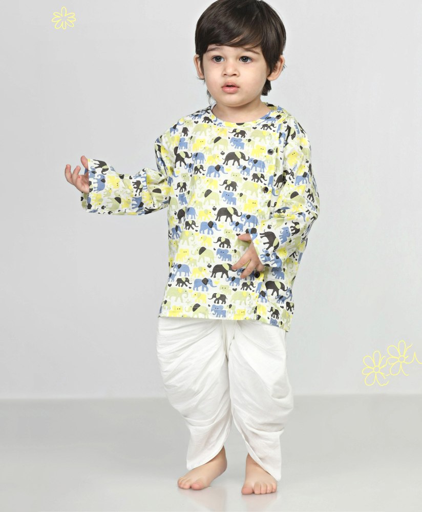 Polka Tots Full Sleeves Elephant Printed Kurta With Dhoti - Multi Colour-image-49