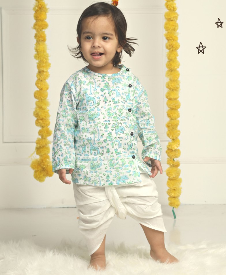 Polka Tots Full Sleeves All Over Birds Printed Kurta With Dhoti - Blue & White-image-45