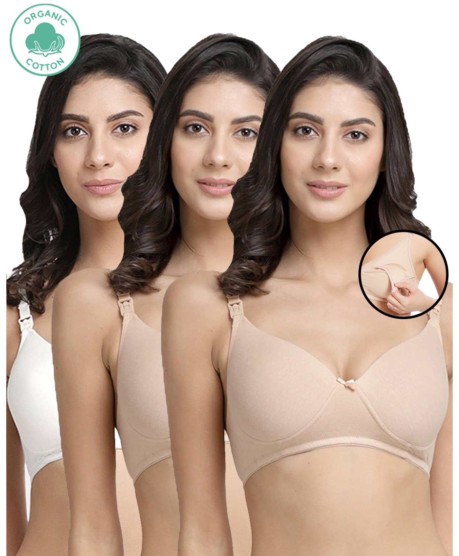 Inner Sense Organic Antimicrobial Padded Nonwired Feeding Bra Pack Of 3 - Beige-picture-16