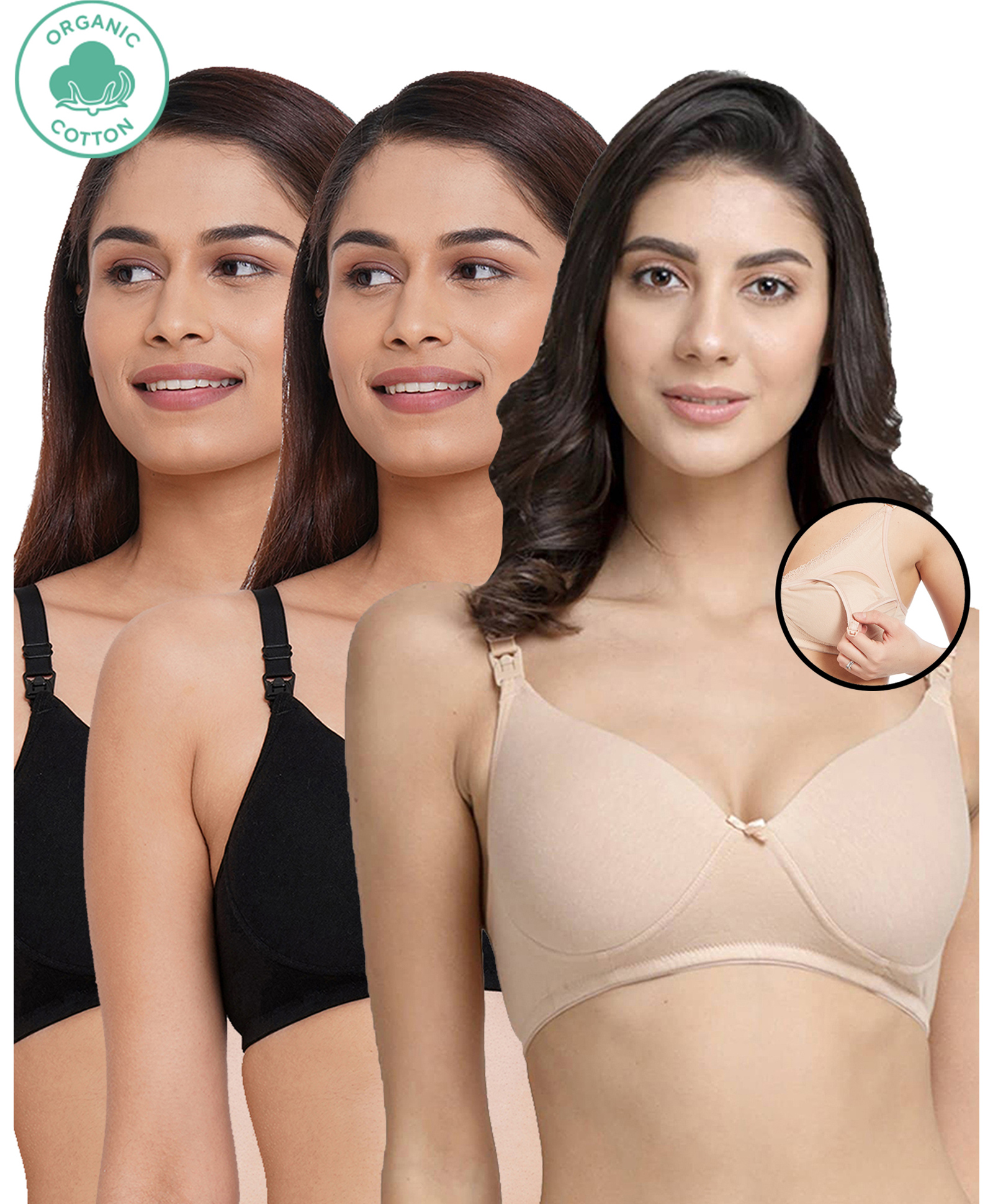 Inner Sense Organic Antimicrobial Padded Nonwired Feeding Bra Pack Of 3 - Beige Black-picture-17