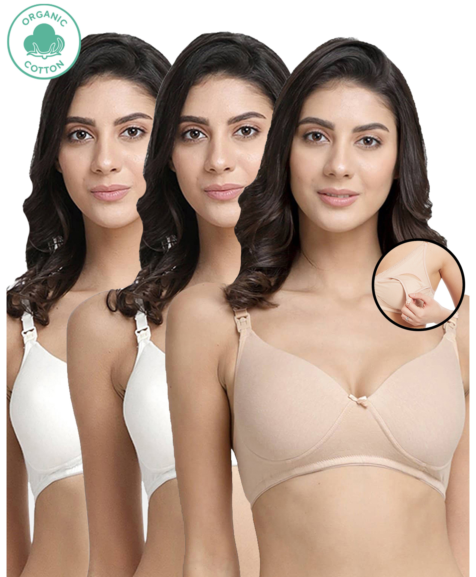 Inner Sense Organic Antimicrobial Padded Nonwired Feeding Bra Pack Of 3 - Beige White-picture-14