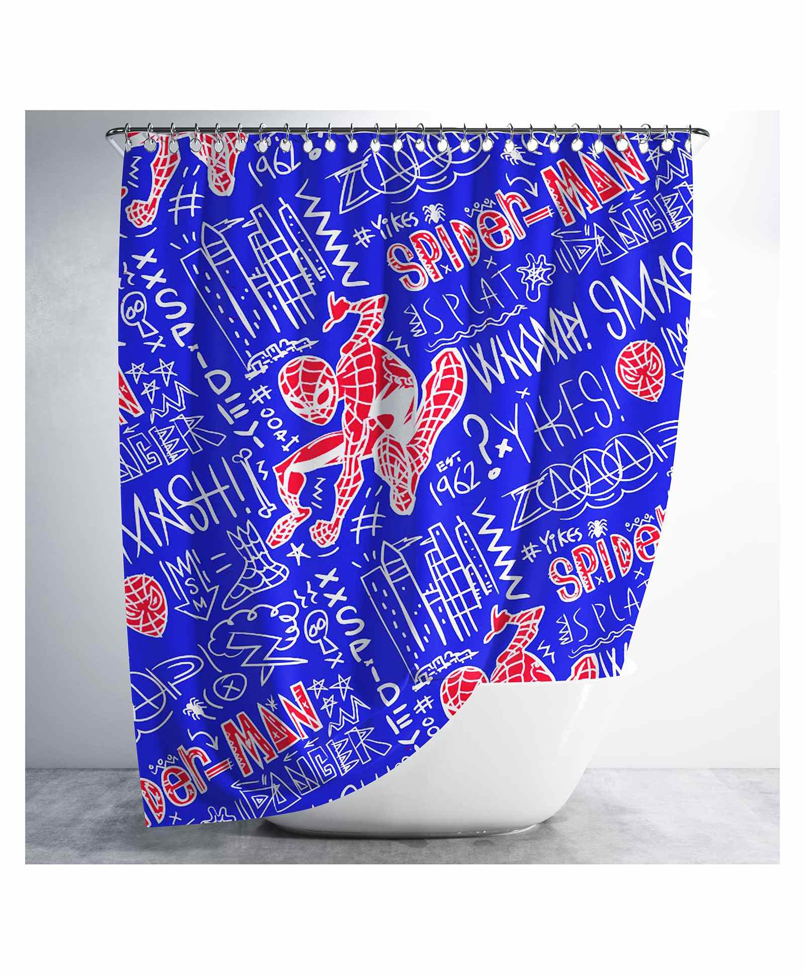 marvel by sassoon Sassoon Waterproof Spiderman Print Bathroom Curtain With 12 Hooks - Multicolor-picture-16