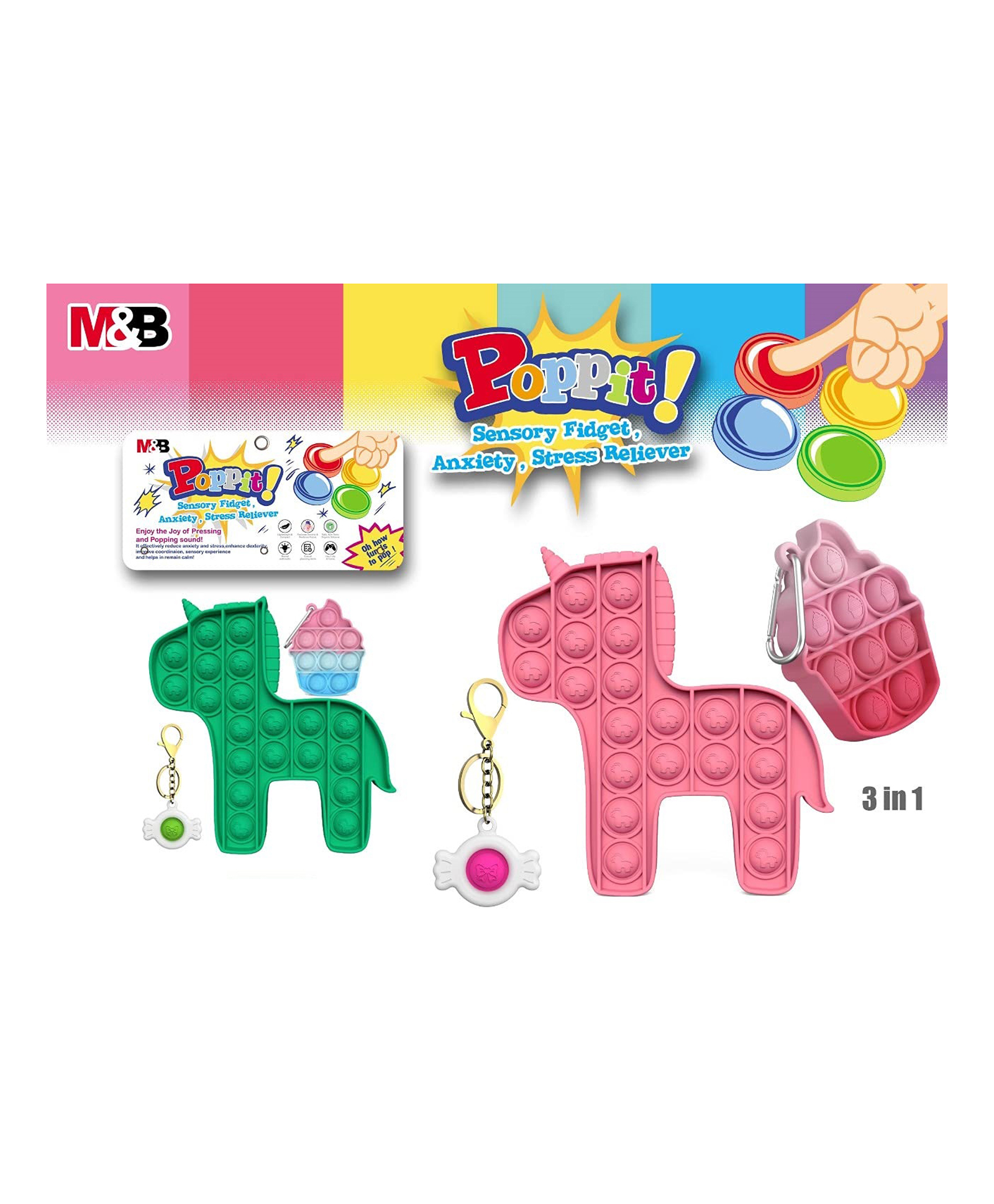 YAMAMA Pop Bubble Stress Relieving Silicone Unicorn with Key Chain Pop It Fidget Toy Pack of 3 - Multicolor-image-33