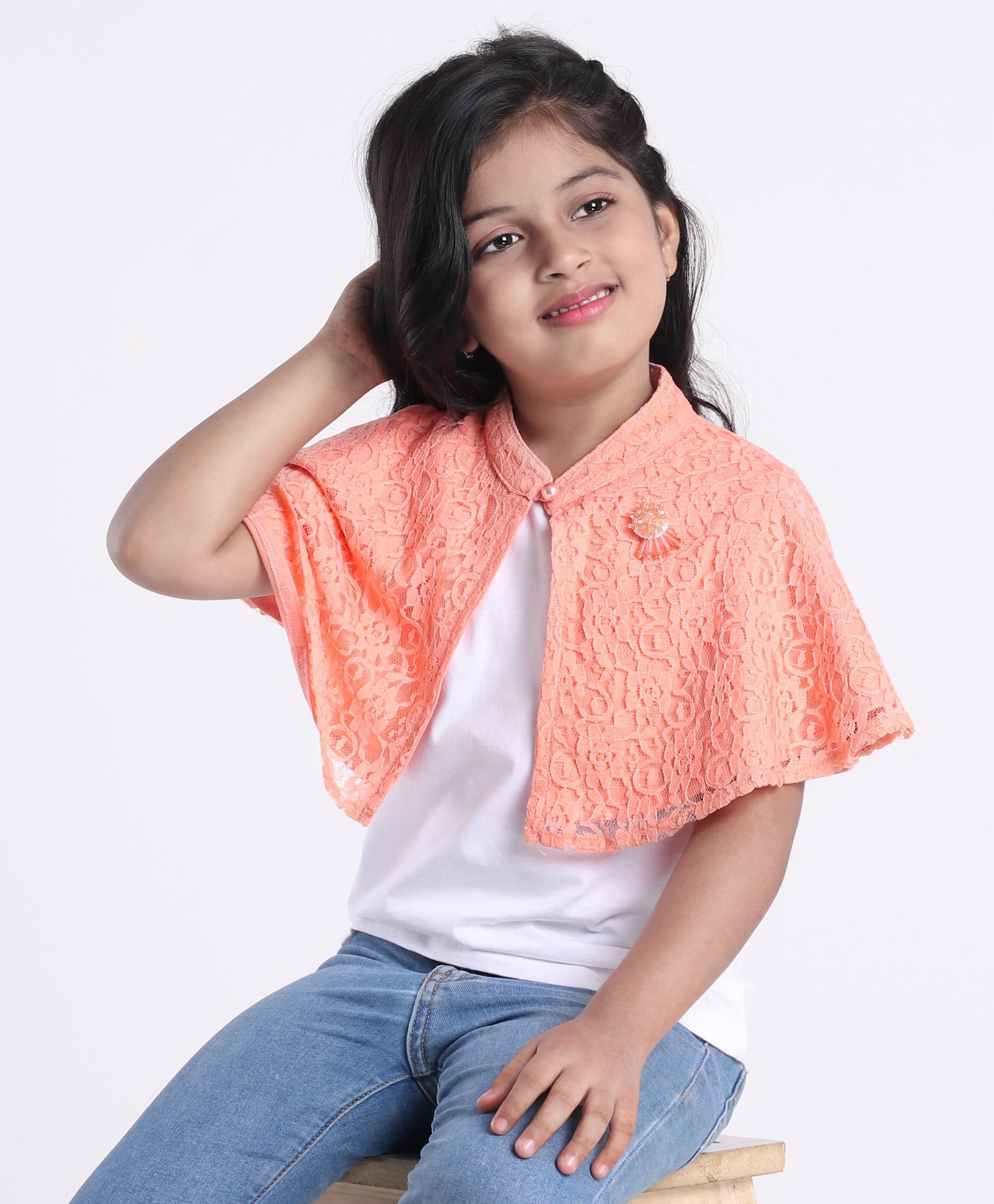 Babyhug Half Sleeves Party Wear Shrug - Peach-image-1