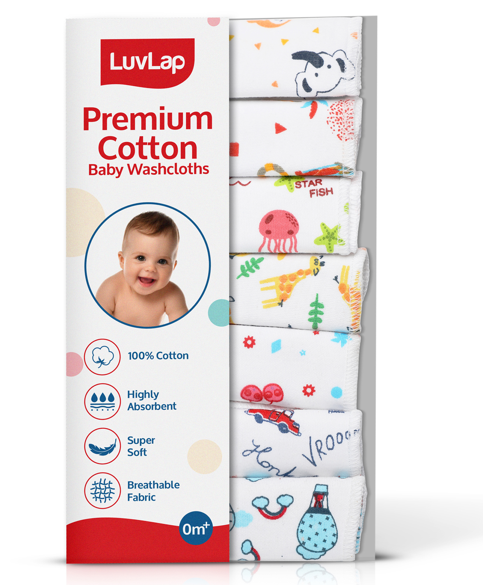 LuvLap Cotton Cherry Print Washcloths Pack of 7 -  White