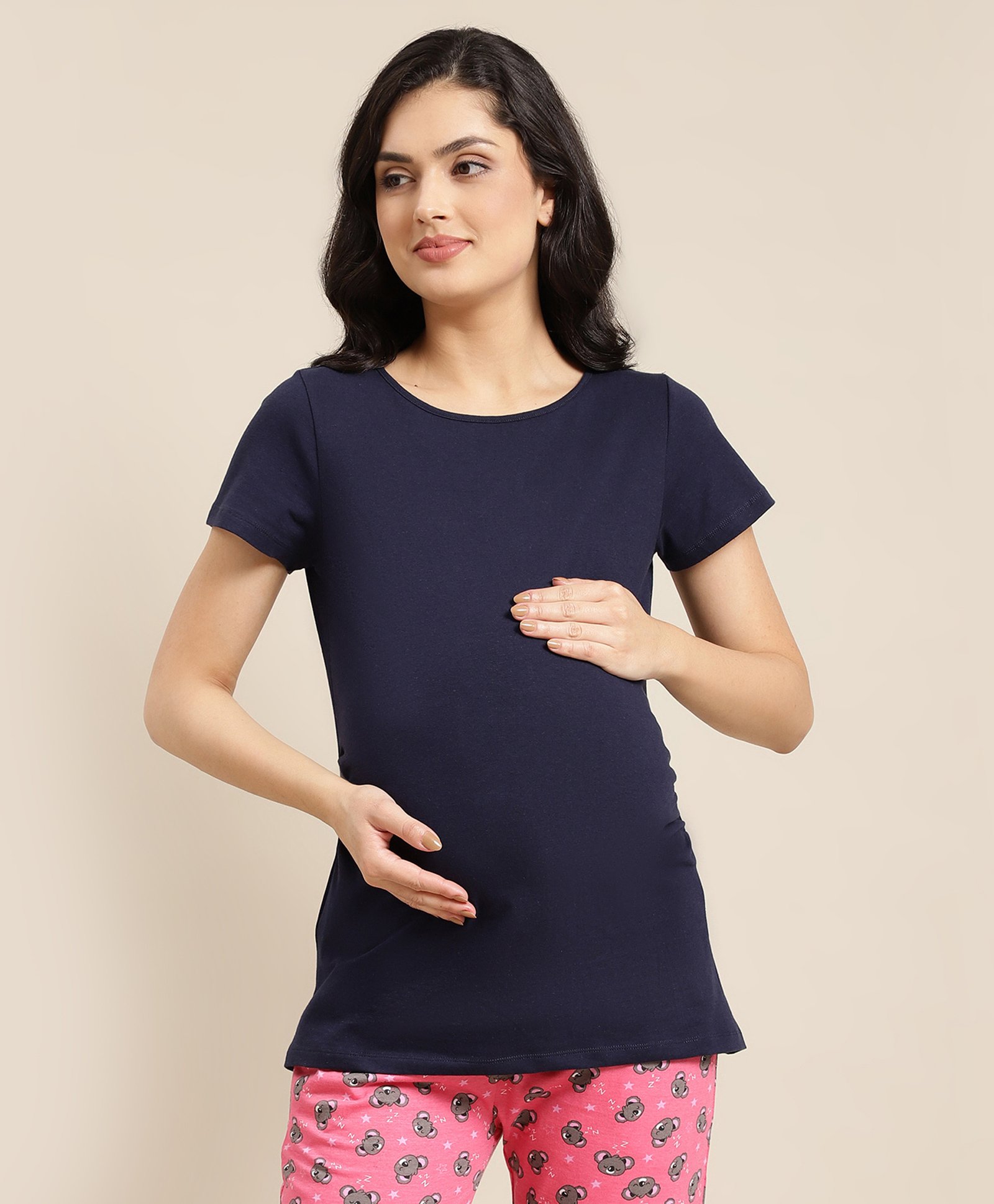 Bella Mama Half Sleeves Maternity Solid T-Shirt - Blue-image-27