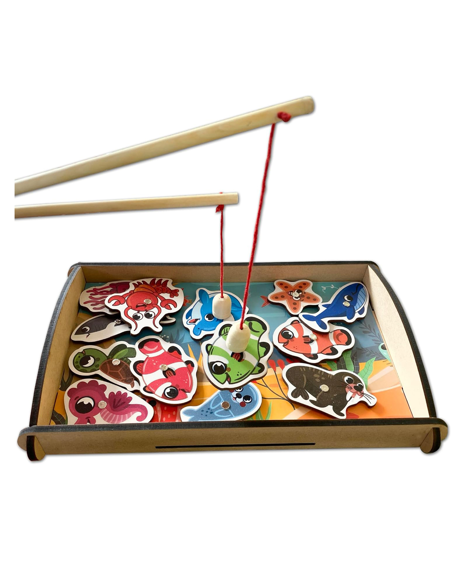 Mini Leaves Wooden Magnetic Fishing Toy with 13 Sea Animals