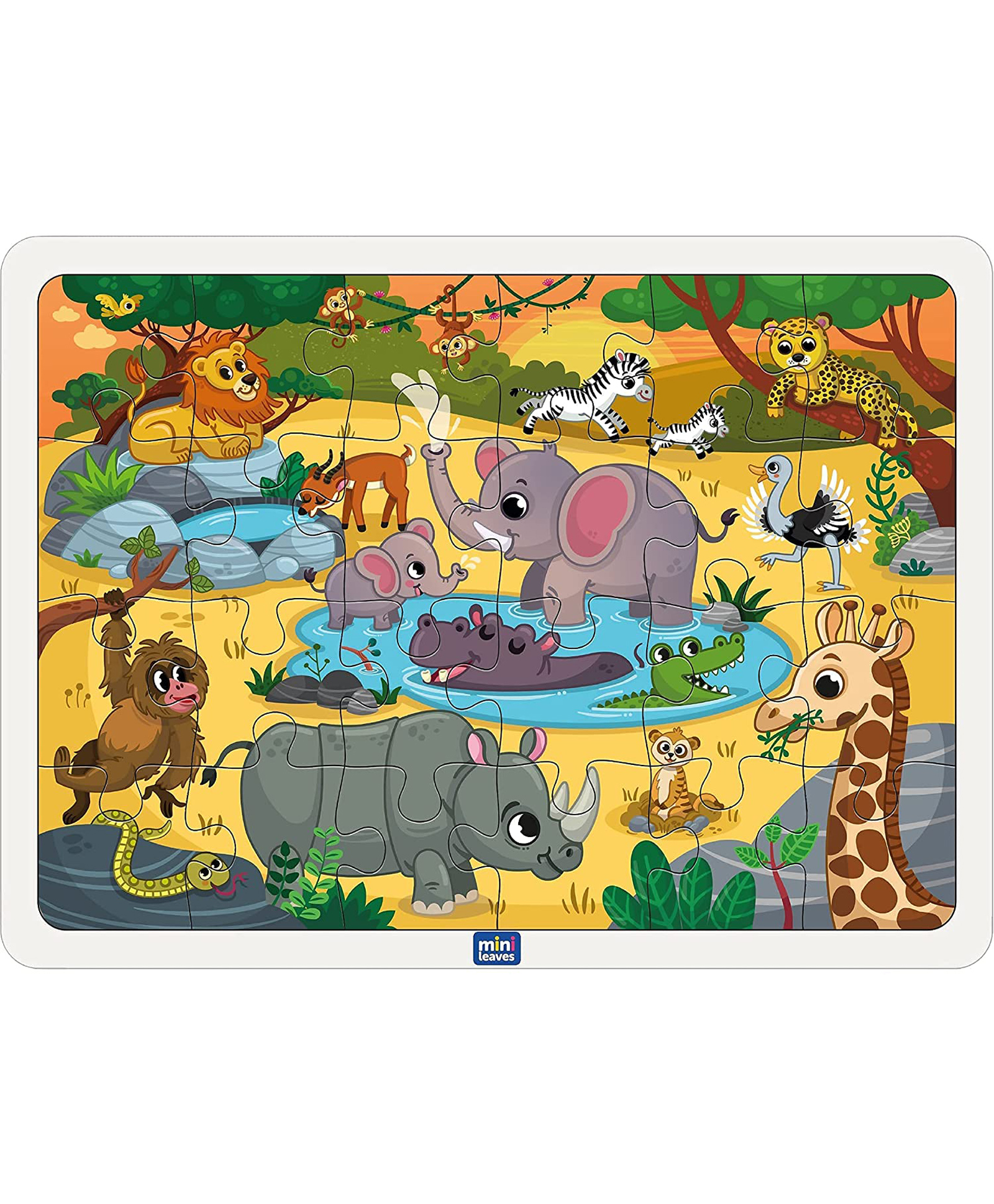 Mini Leaves 35 Pieces Wooden Wild Animals Puzzle with Wooden Tray for 3+ Kids-image-1