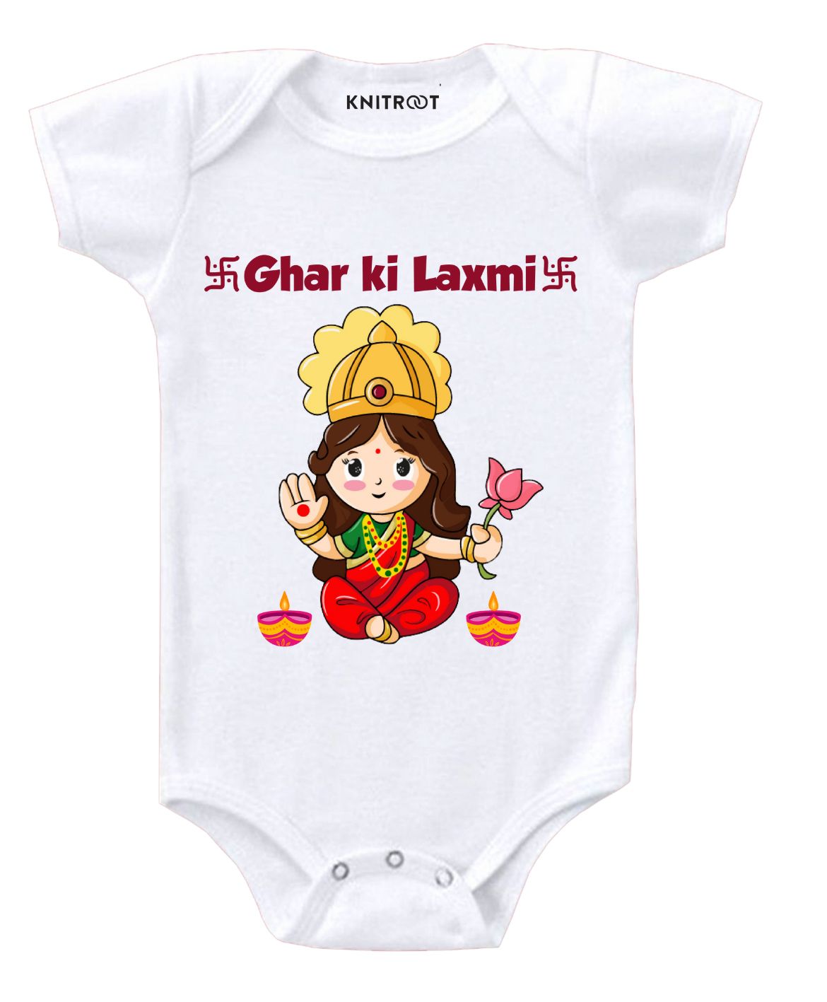KNITROOT Half Sleeves Ghar Ki Laxmi Printed Onesie - White-image-22