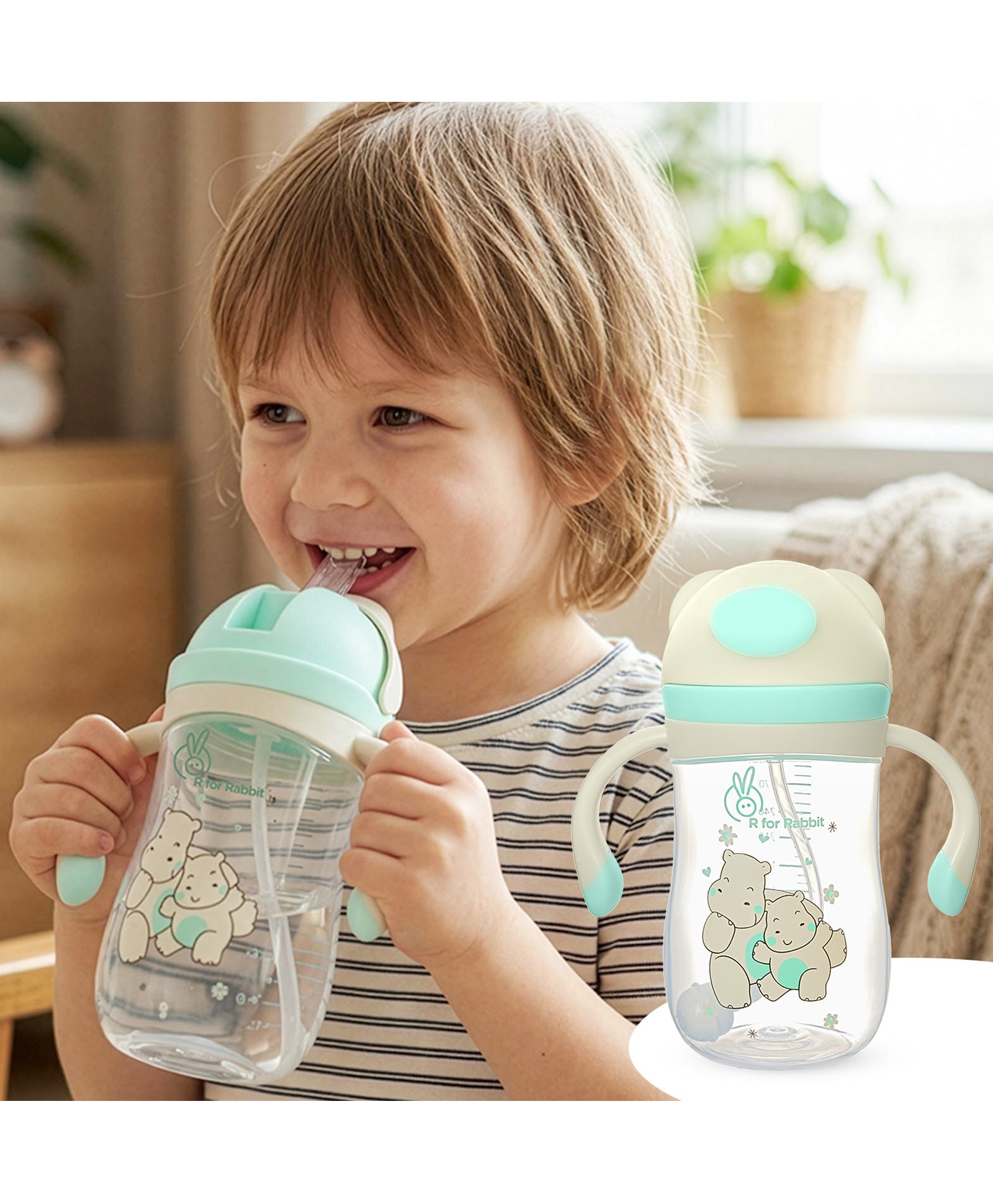 R for Rabbit Hippo Printed Straw Sipper Green - 300 ml