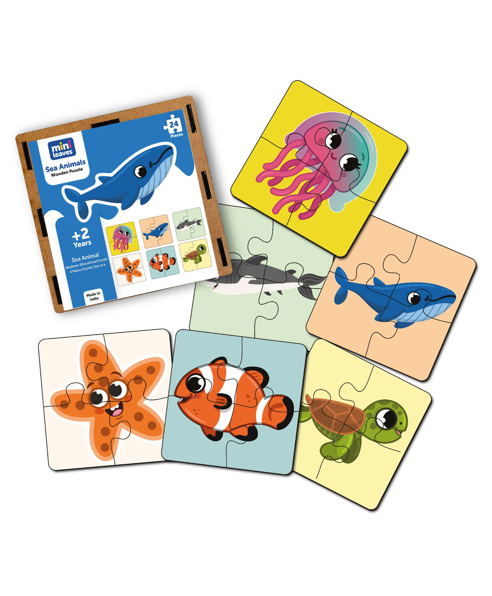 minileaves Mini Leaves 24 Pieces Wooden Set of 6 Sea Animals Jigsaw Puzzle for 2+ Kids-picture-48