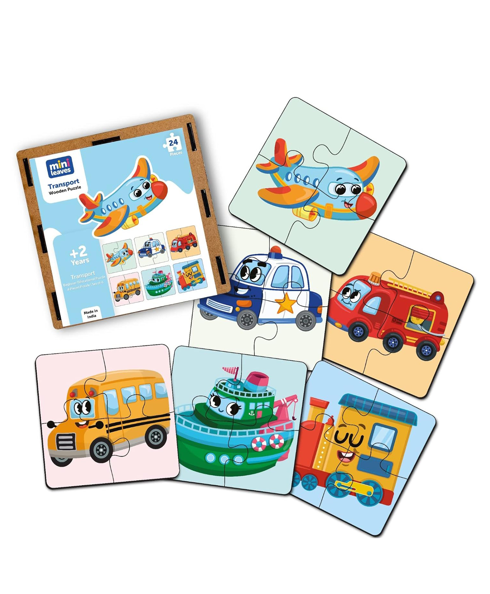 minileaves Mini Leaves 24 Pieces Wooden Set of 6 Transport Jigsaw Puzzle for 2+ Kids-picture-47