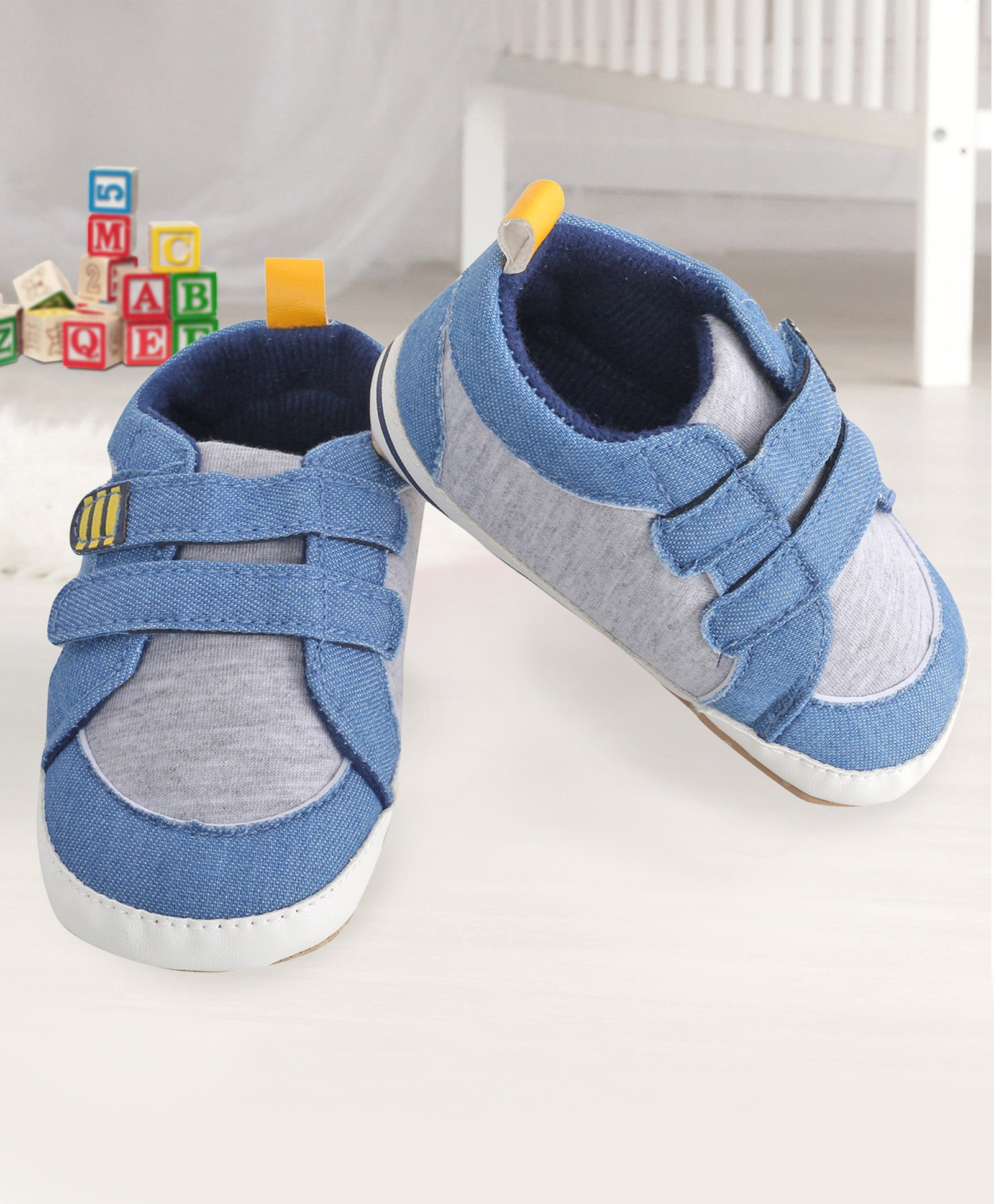 Baby Moo Double Velcro Booties - Blue & Grey-picture-45