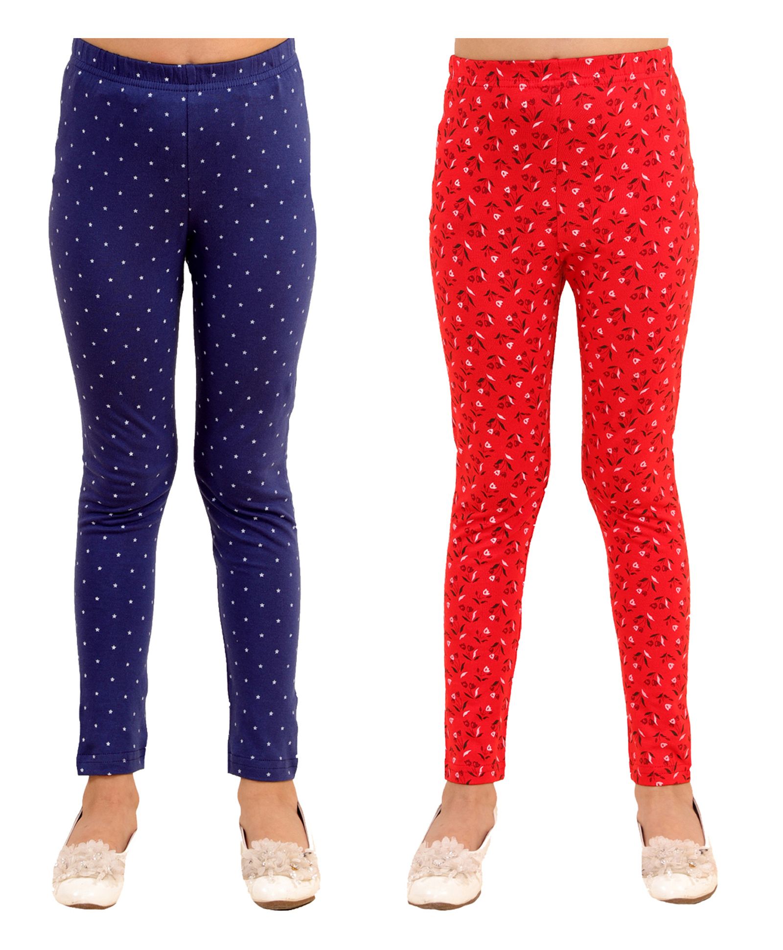 Kids Cave Combo Pack Of 2 Flower & Polka Dotted Leggings - Blue Red-picture-28