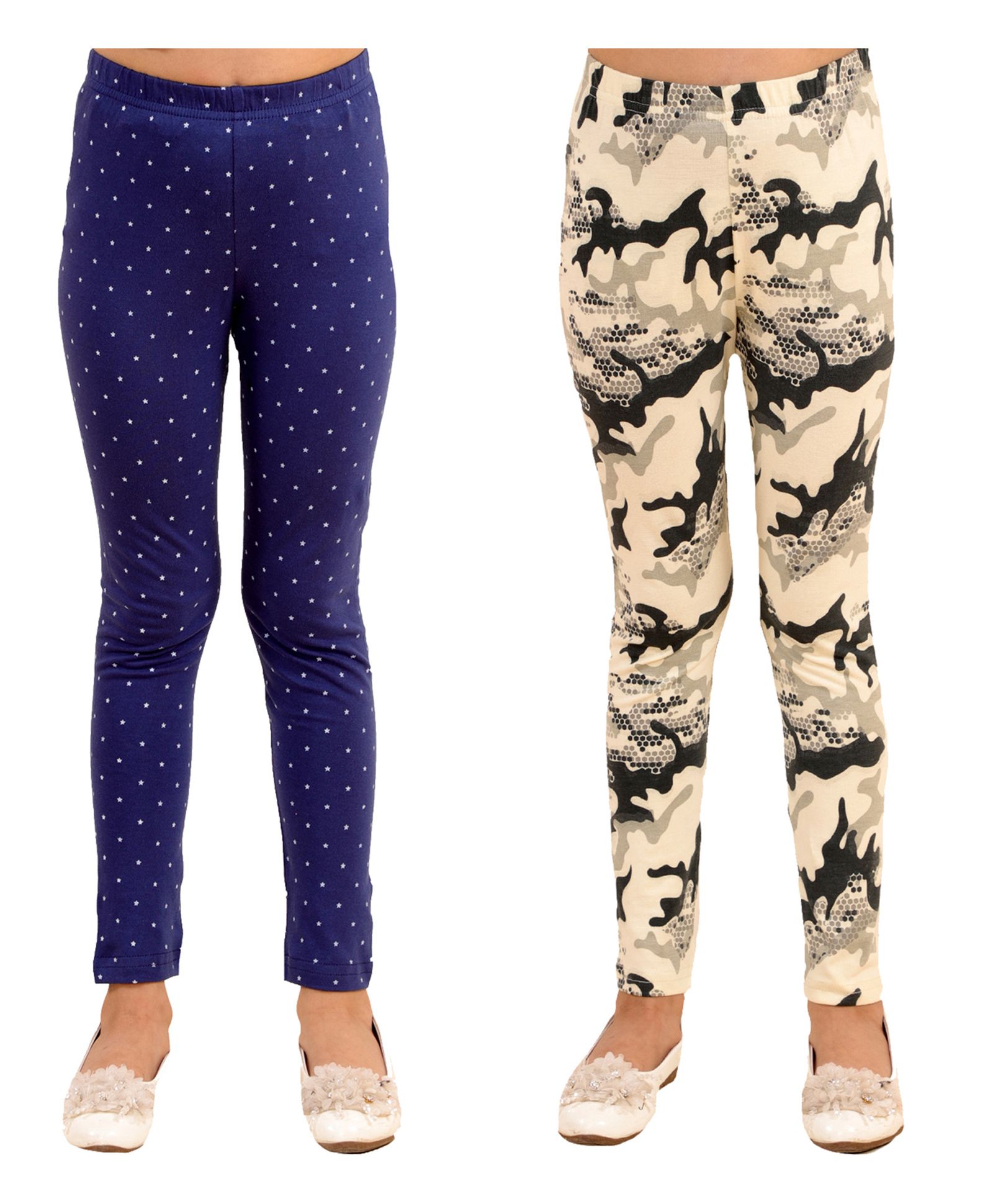 Kids Cave Combo Pack Of 2 Full Length Camouflage & Polka Dotted Leggings - Beige Blue-image-16