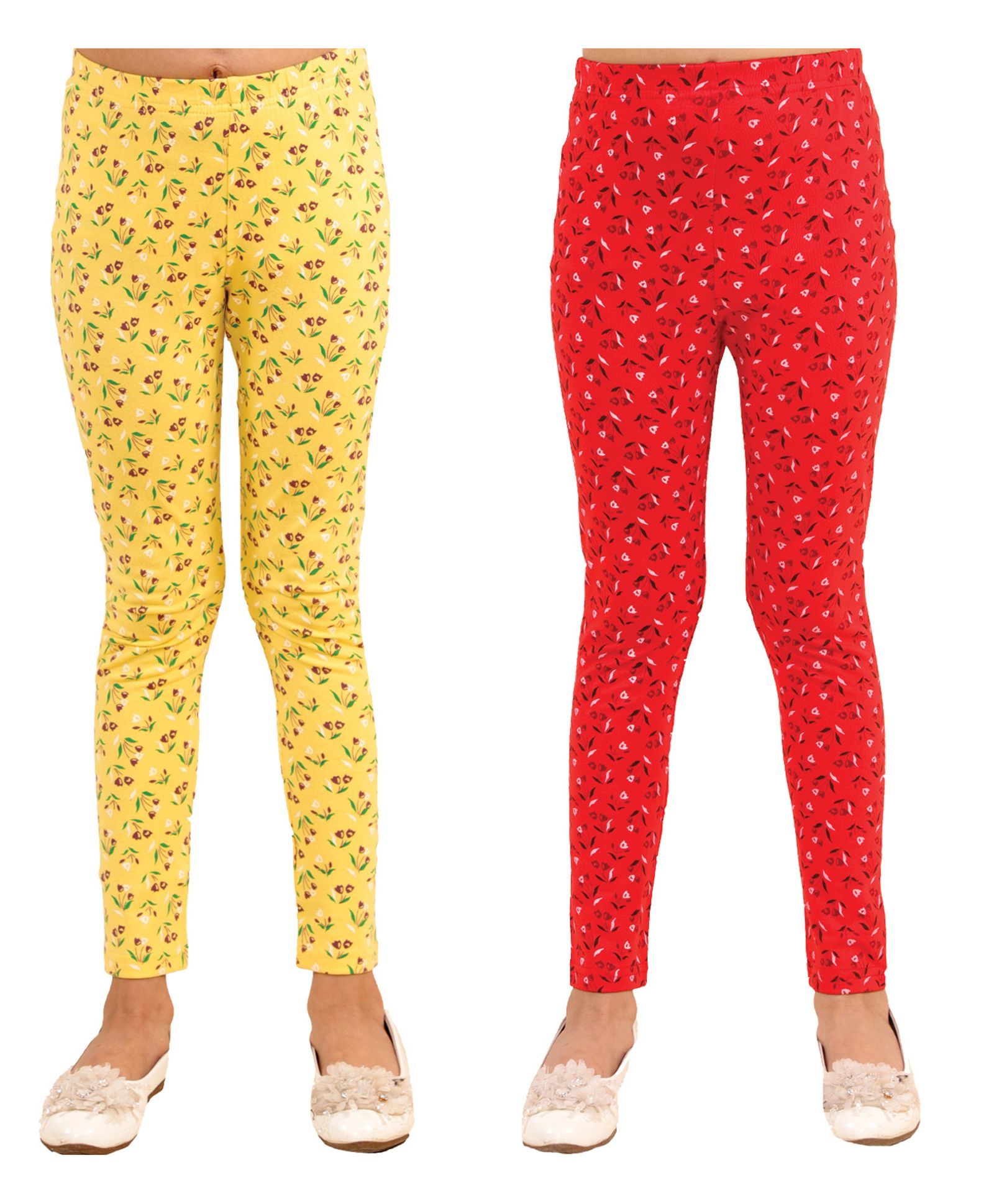 Kids Cave Combo Pack Of 2 Full Length Floral Print Leggings - Red Yellow-image-31