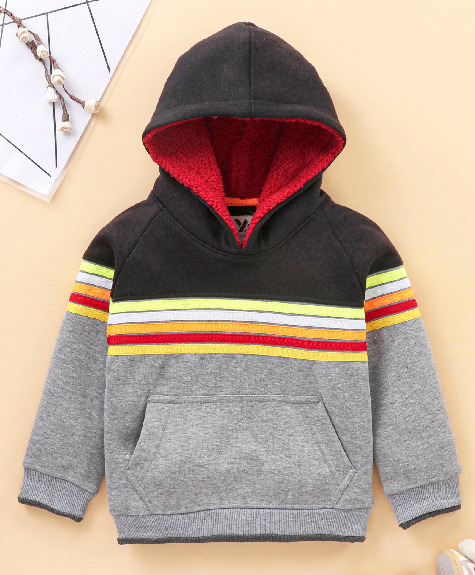 Yellow Apple Full Sleeves Hoodies Colour Block Print - Oatmeal Grey-picture-28