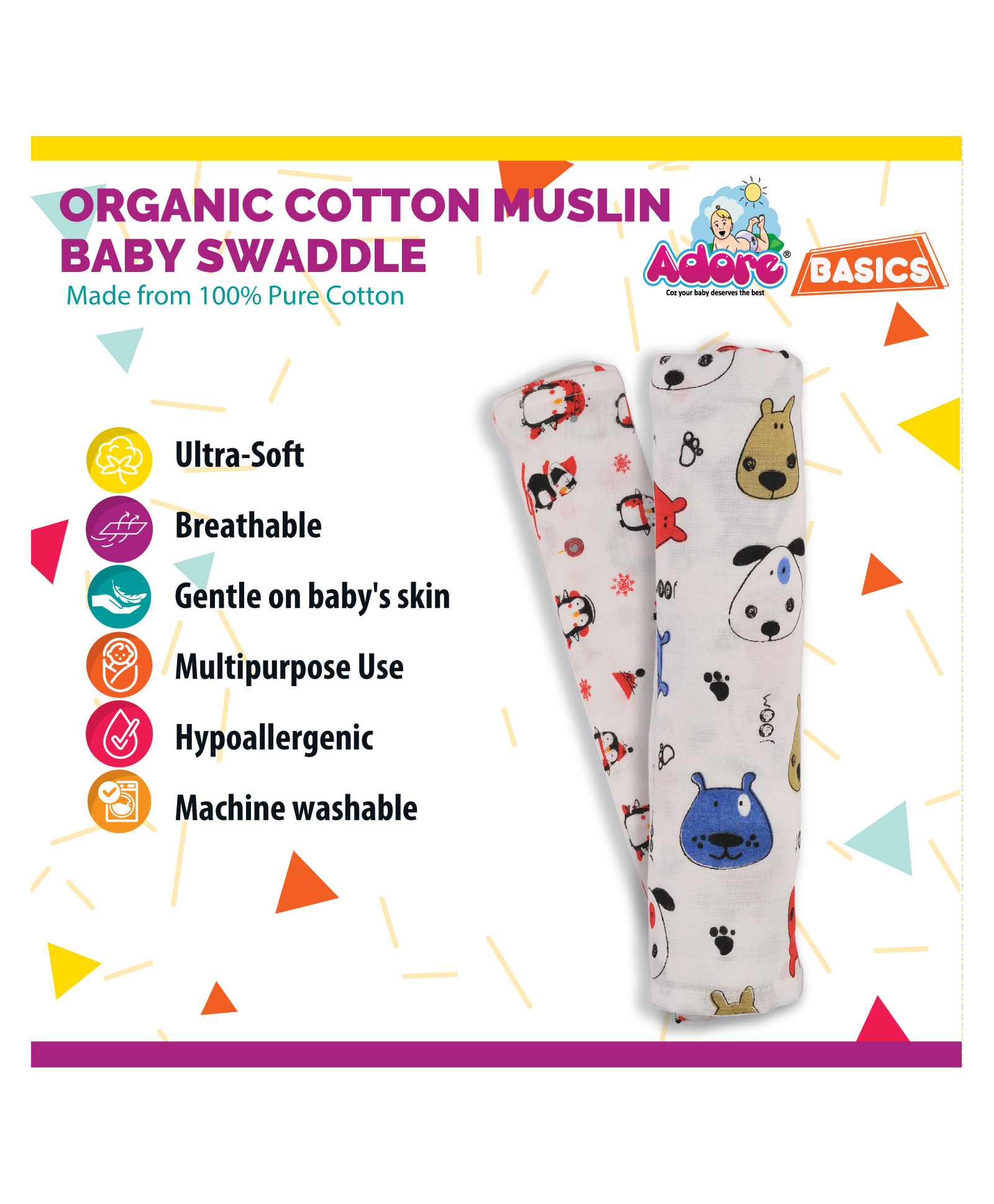 Adore Basics Organic Cotton Muslin Baby Swaddles Penguin & Puppy PrintPack of 2 - White-picture-26