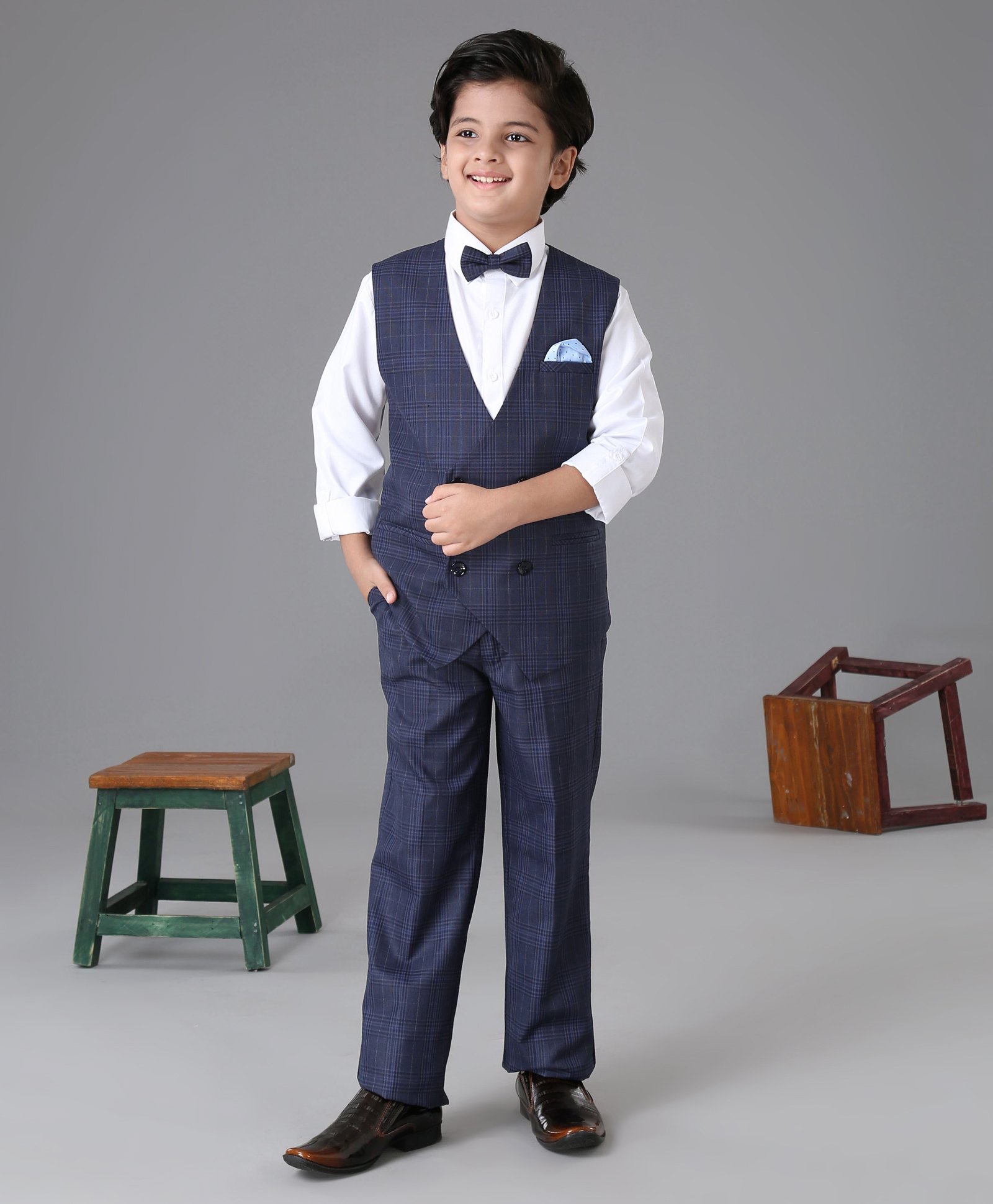 Robo Fry Full Sleeves Party Suit Checks - Blue-image-43