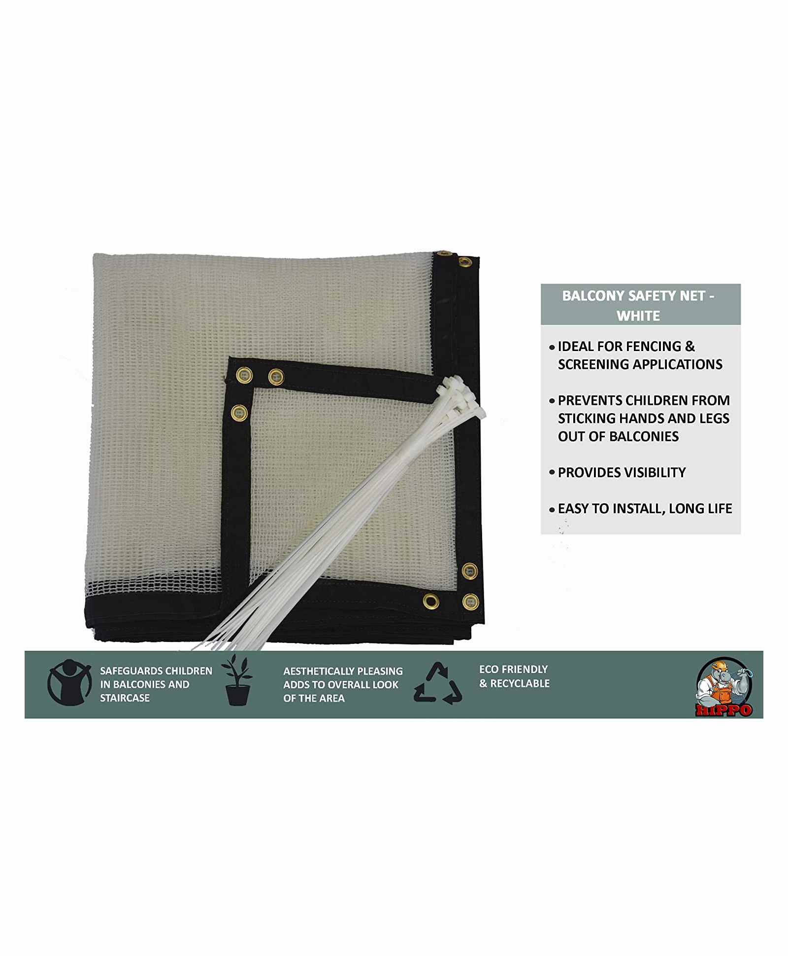 Hippo Balcony Net with Eyelets & Tie-Cords - Black-image-47