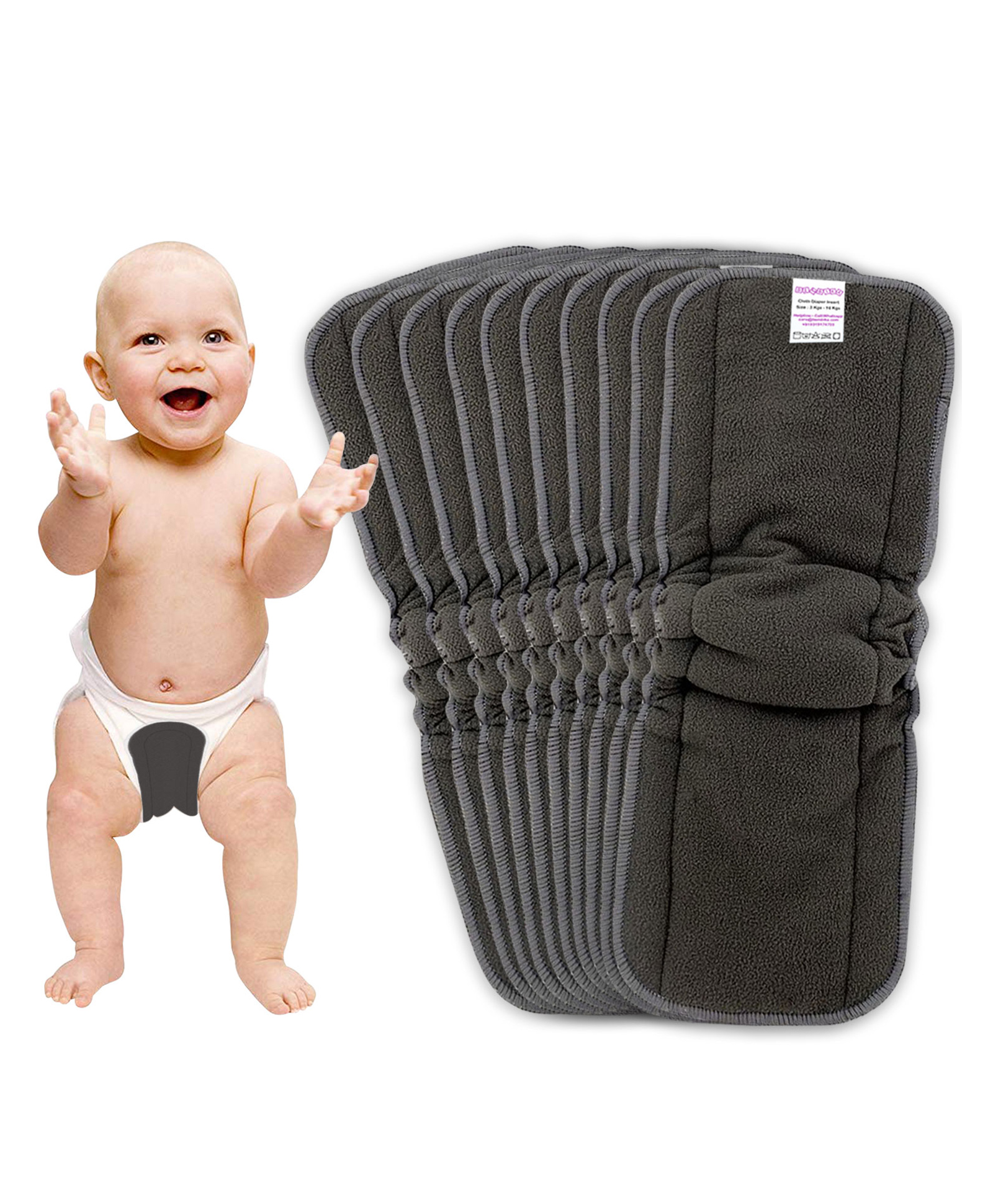 Bembika Cotton Bamboo Charcoal Nappy Inserts Pack of 10 - Grey-image-10