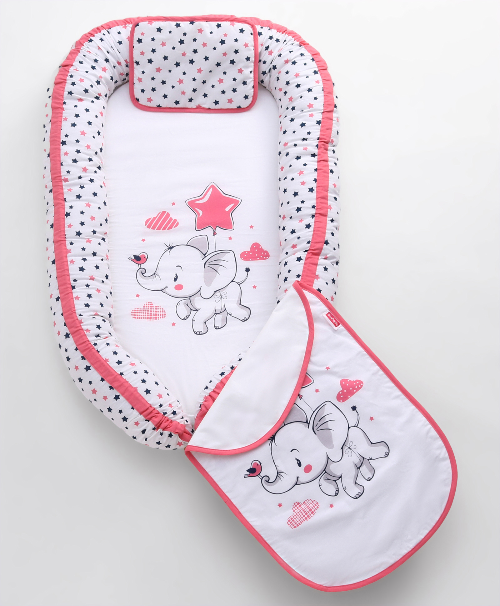 Babyhug Premium 3 Piece Nest Gadda Set With Diaper Changing Mat in Elephant Print - Pink-picture-10