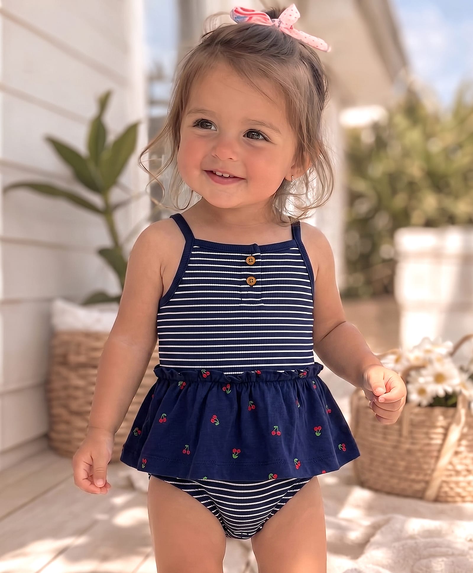 Carter's Striped Cherry Frock Style Onesie -  Navy Blue-image-2