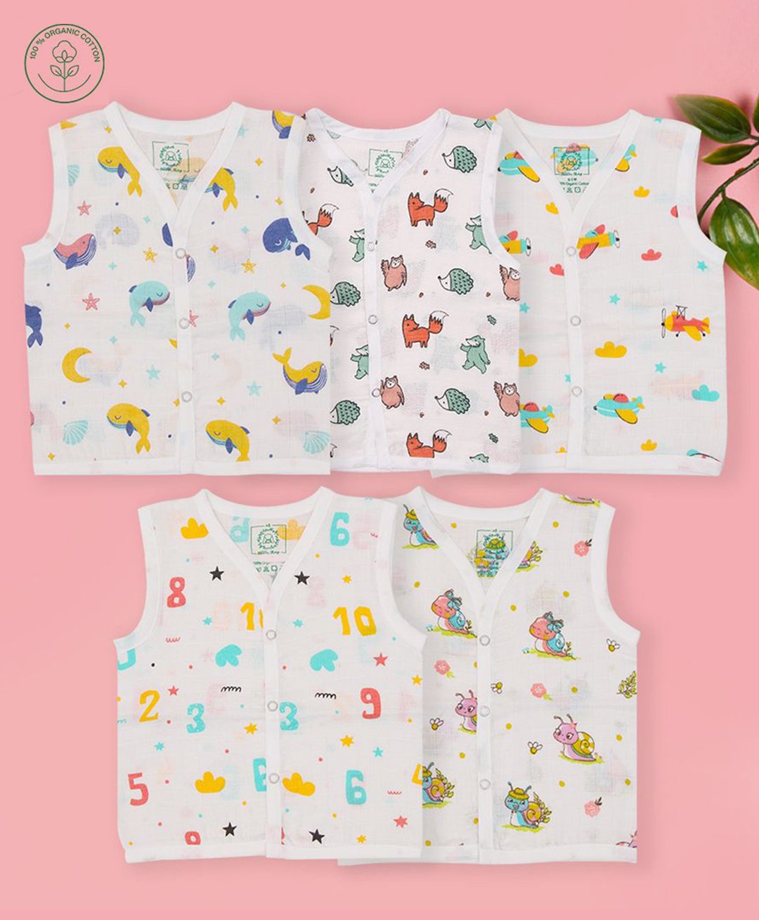 A Toddler Thing Muslin Sleeveless Pack Of 5 Rainbow & Animal Print Vests - White-image-7