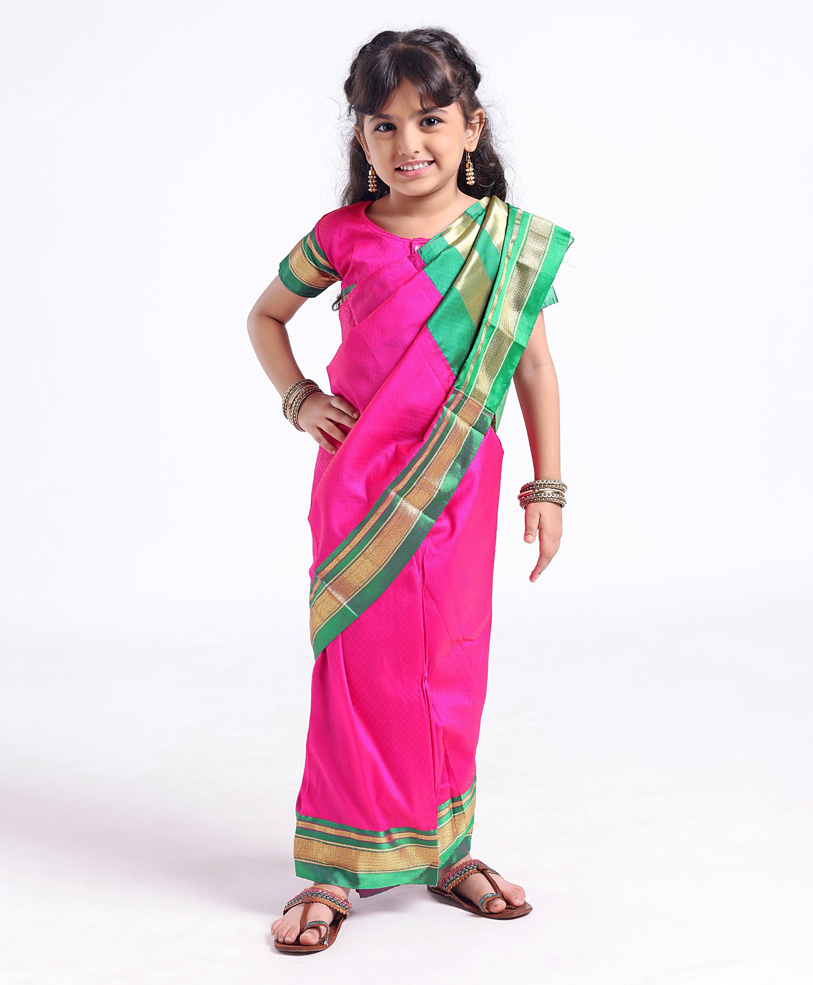 Buy Bhartiya Paridhan Half Sleeves Blouse and Nauvari Saree with Jari  Border - Pink for Girls (2-3 Years) Online in India, Shop at  -  10239315