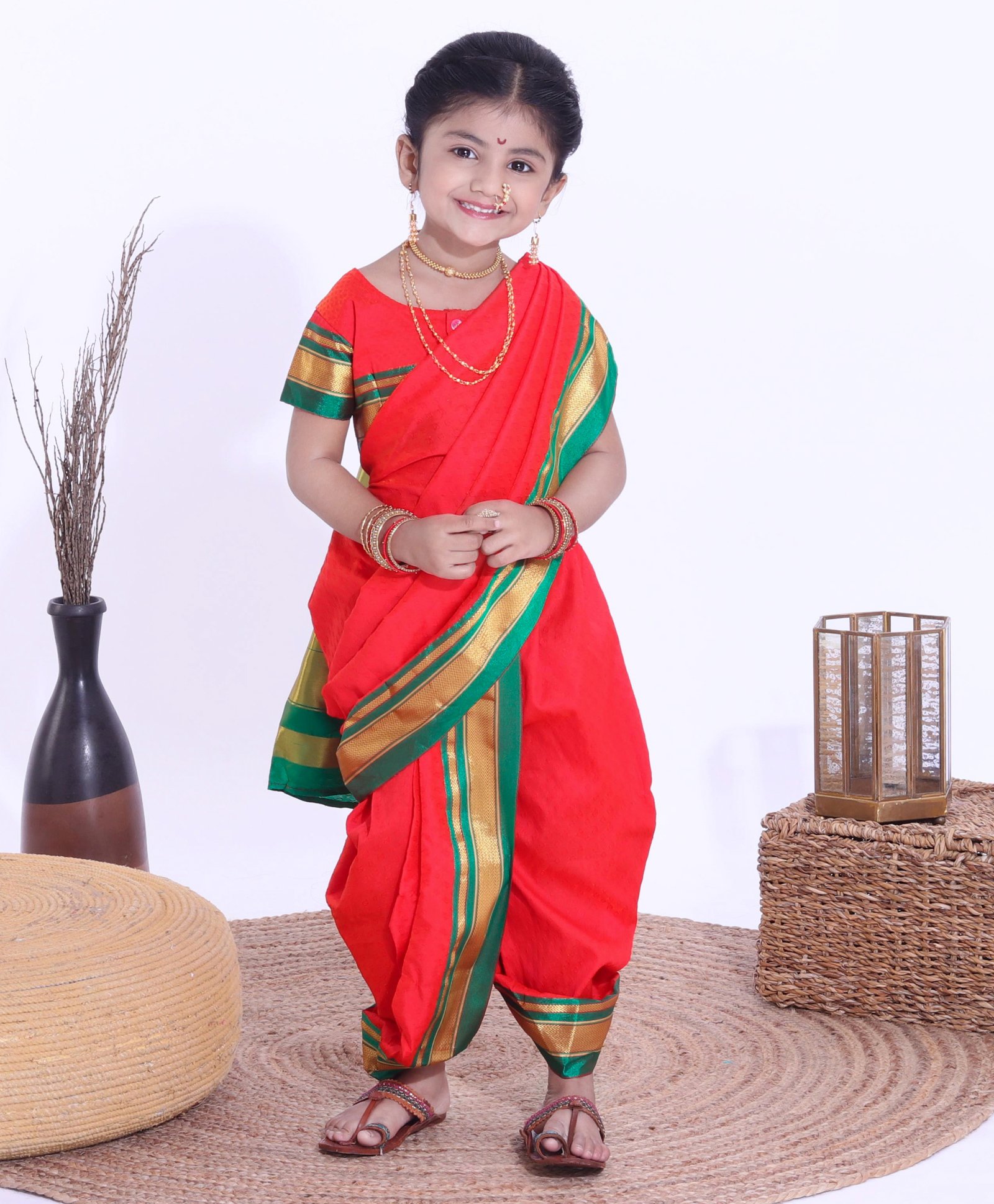 Buy Bhartiya Paridhan Half Sleeves Blouse & Nauvari Saree - Red for Girls  (6-12 Months) Online in India, Shop at  - 10239331