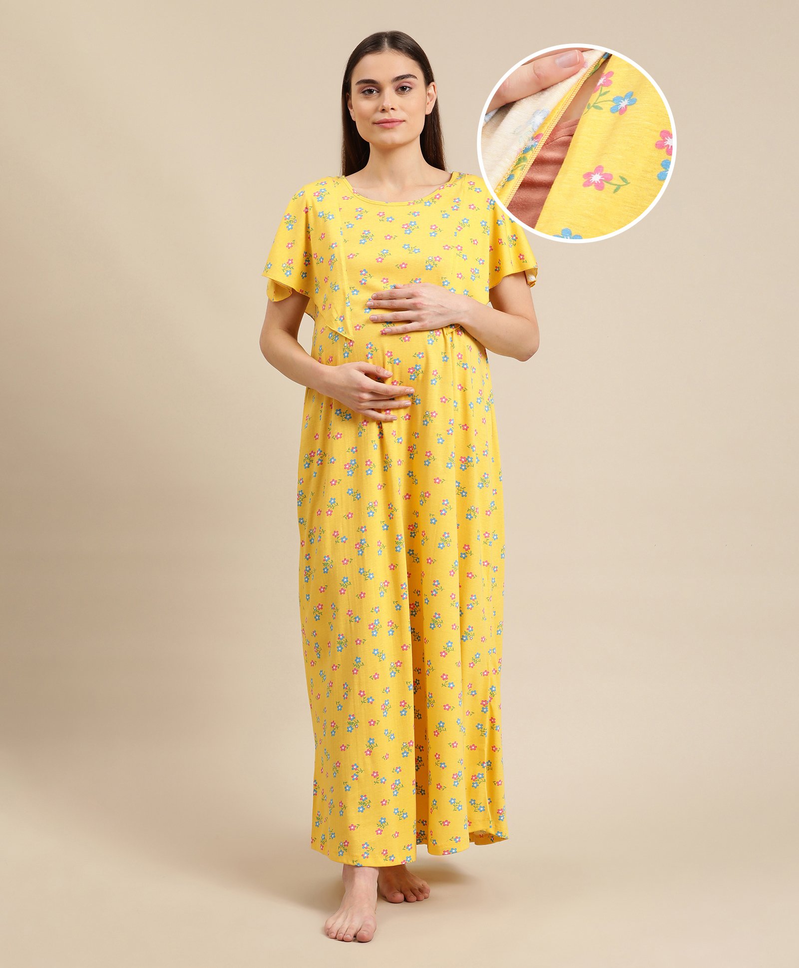 Bella Mama Half Sleeves Maternity & Nursing Nighty Floral Print - Yellow-picture-38