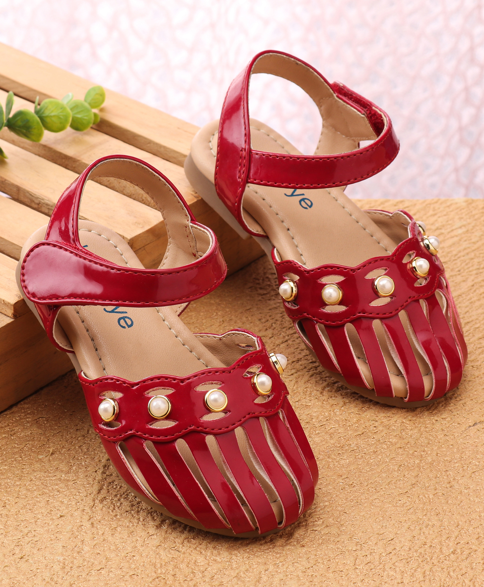 Babyoye Party Wear Sandal Pearl Detailing  - Red-image-29