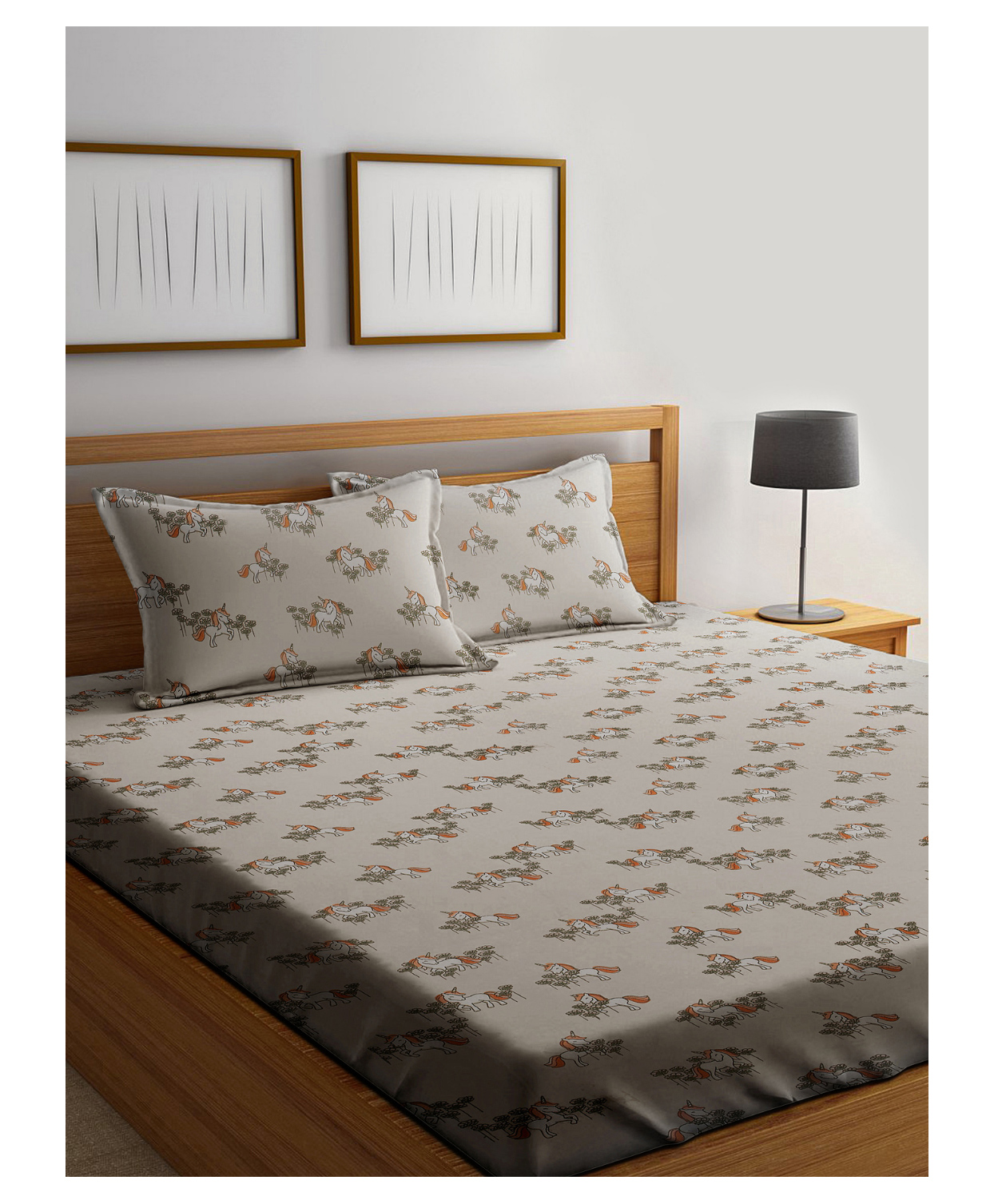 Elementary Pure Organic Cotton Double Bedsheet with 2 Pillow Covers Unicorn Theme - Beige-image-43