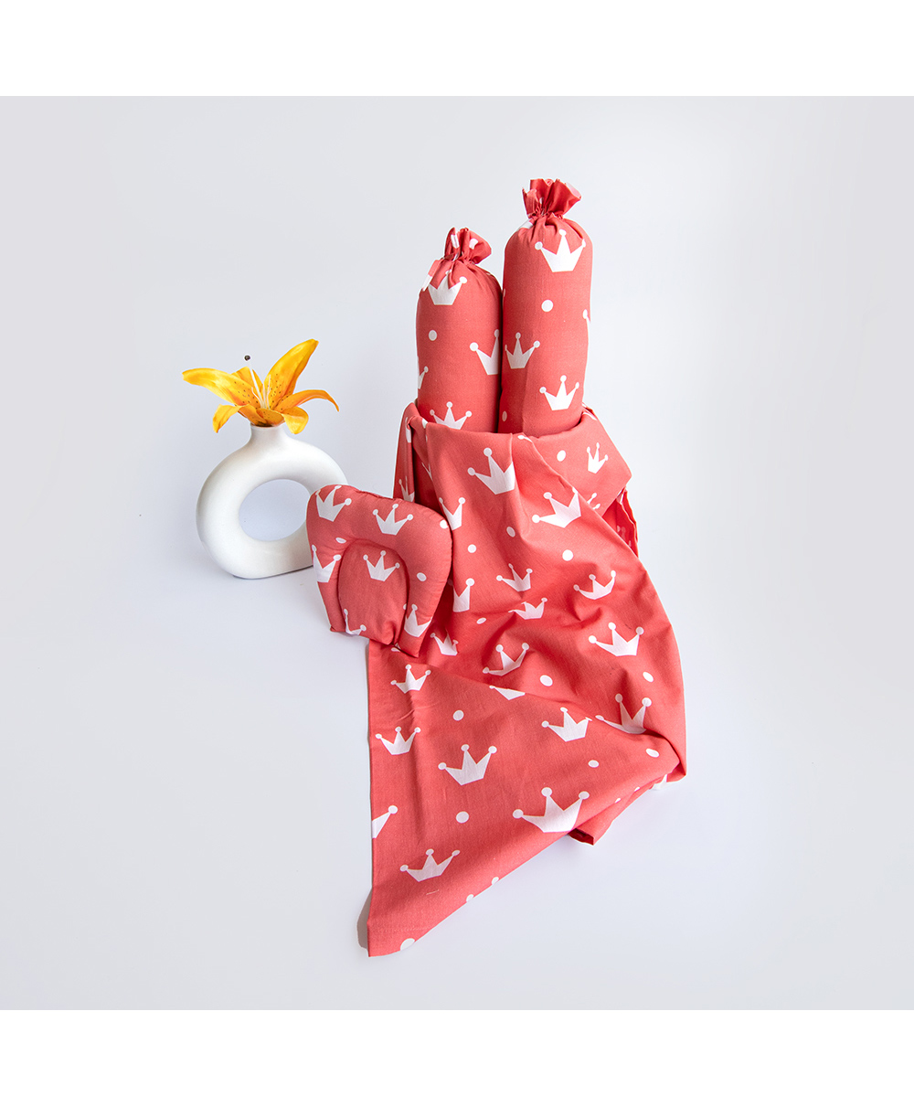 Yellow Doodle Crowns Cot Bedsheet Set - Red-image-5