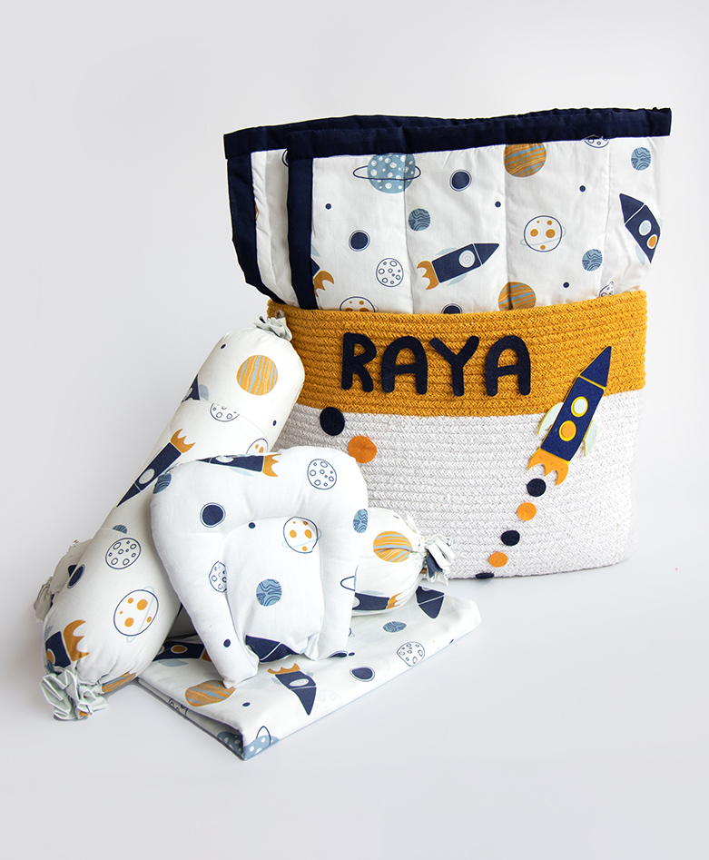 Yellow Doodle Child Of The Universe Printed Organic Bedding Gift Basket - Blue-picture-28