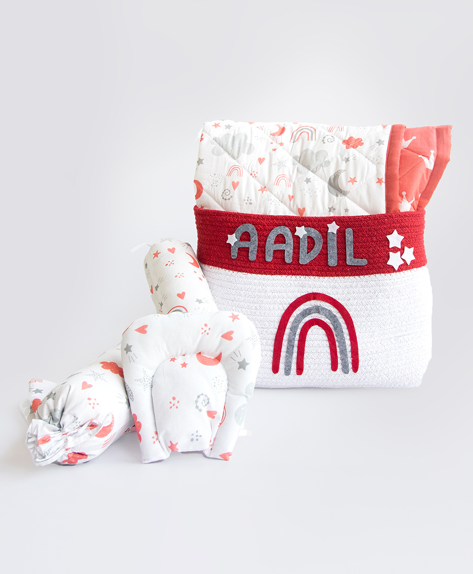 Yellow Doodle Crown Printed Organic Bedding Gift Basket - Red-image-44