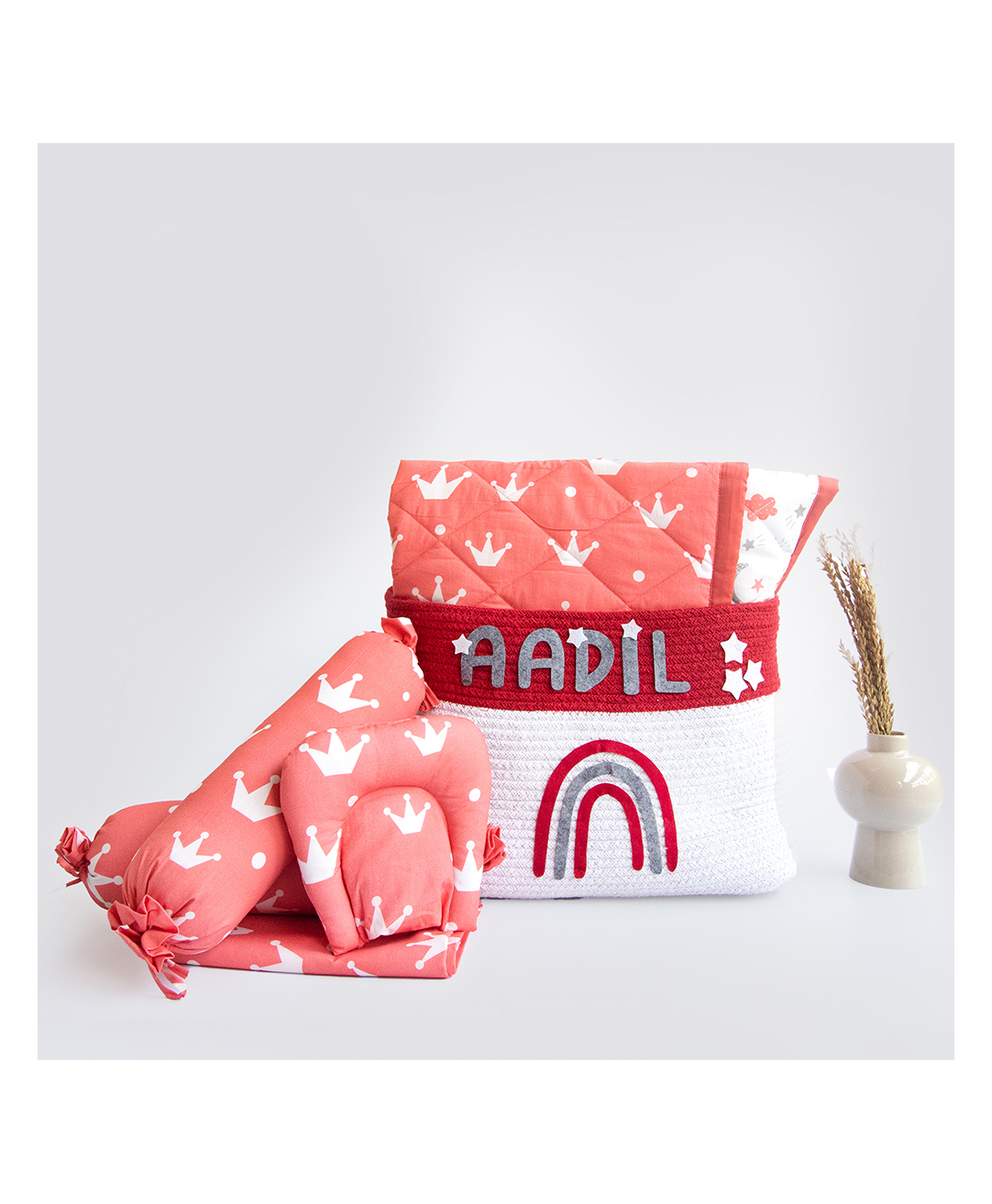 Yellow Doodle Crown Printed Organic Bedding Gift Basket - Red-image-45